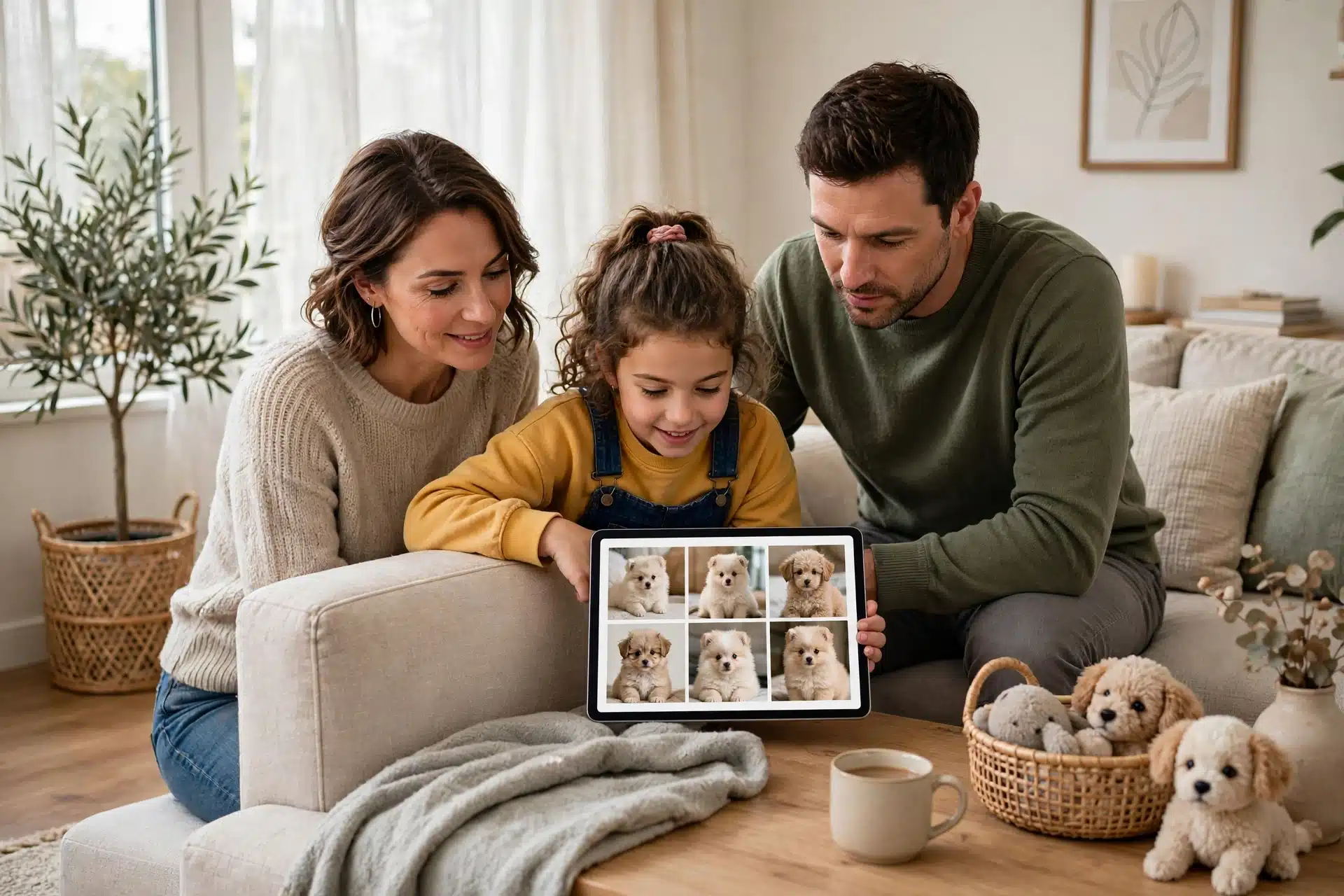 Family reviewing fluffy puppies on tablet