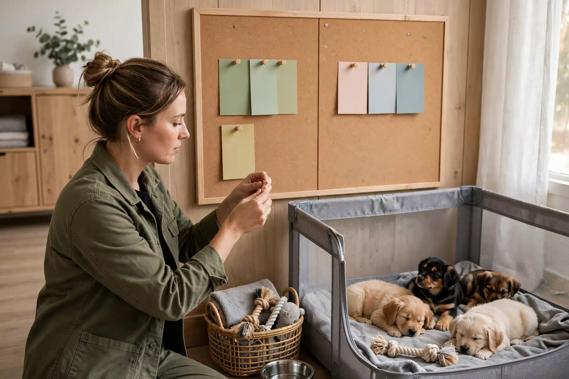 Breeder updating puppy availability board beside playpen