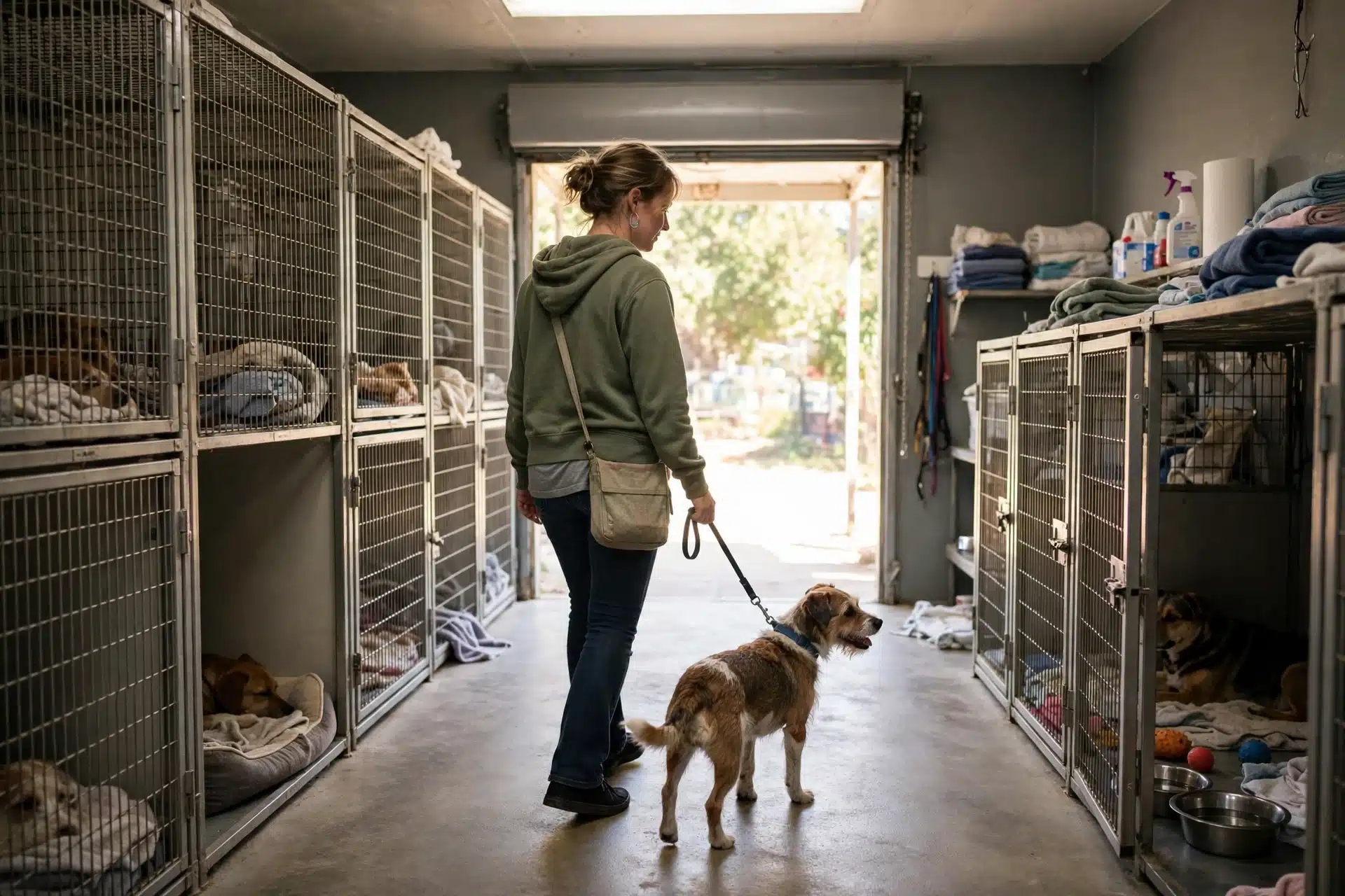 Shelter volunteer walking dog past kennels