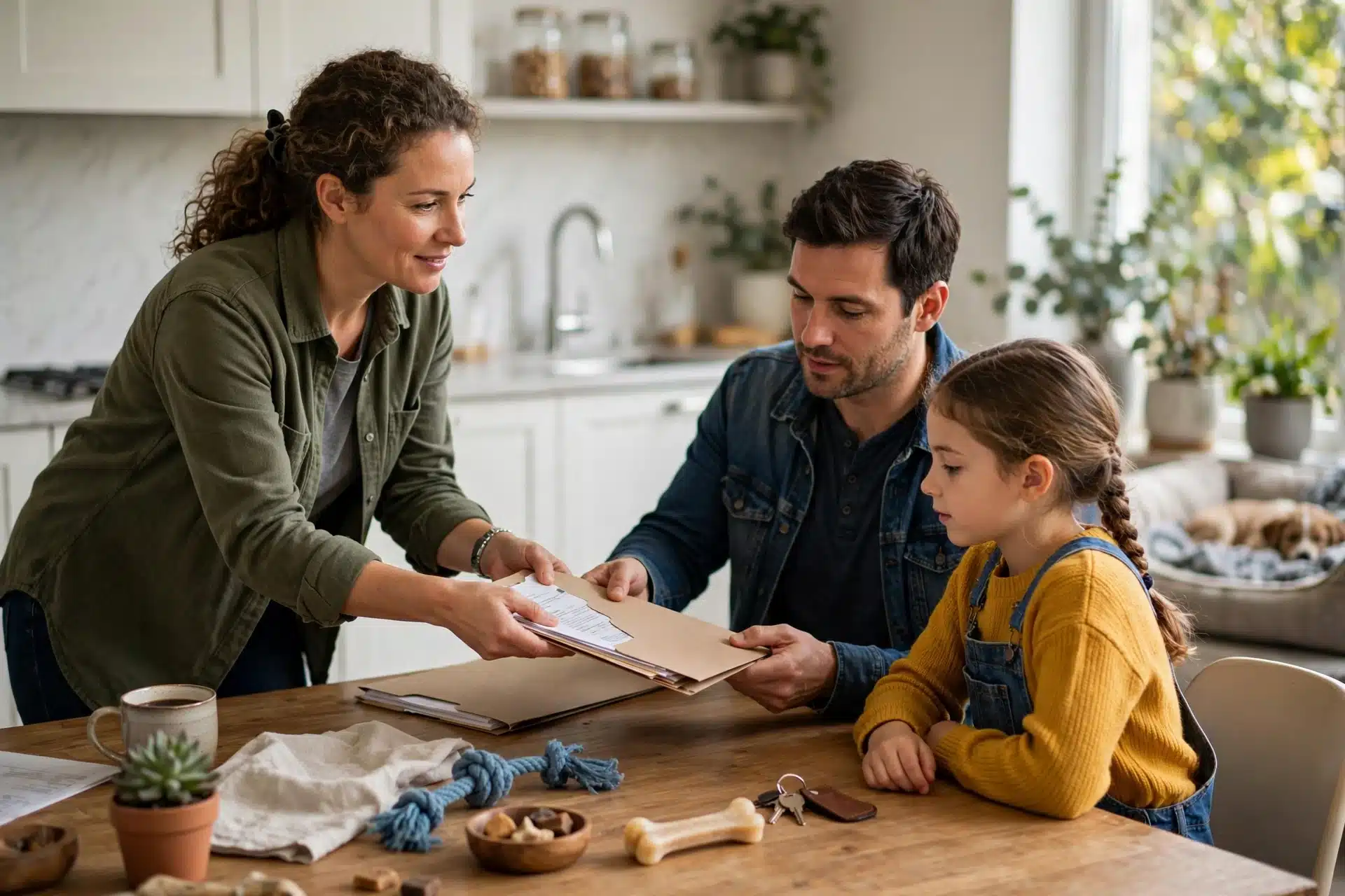 A breeder handing health records to a family