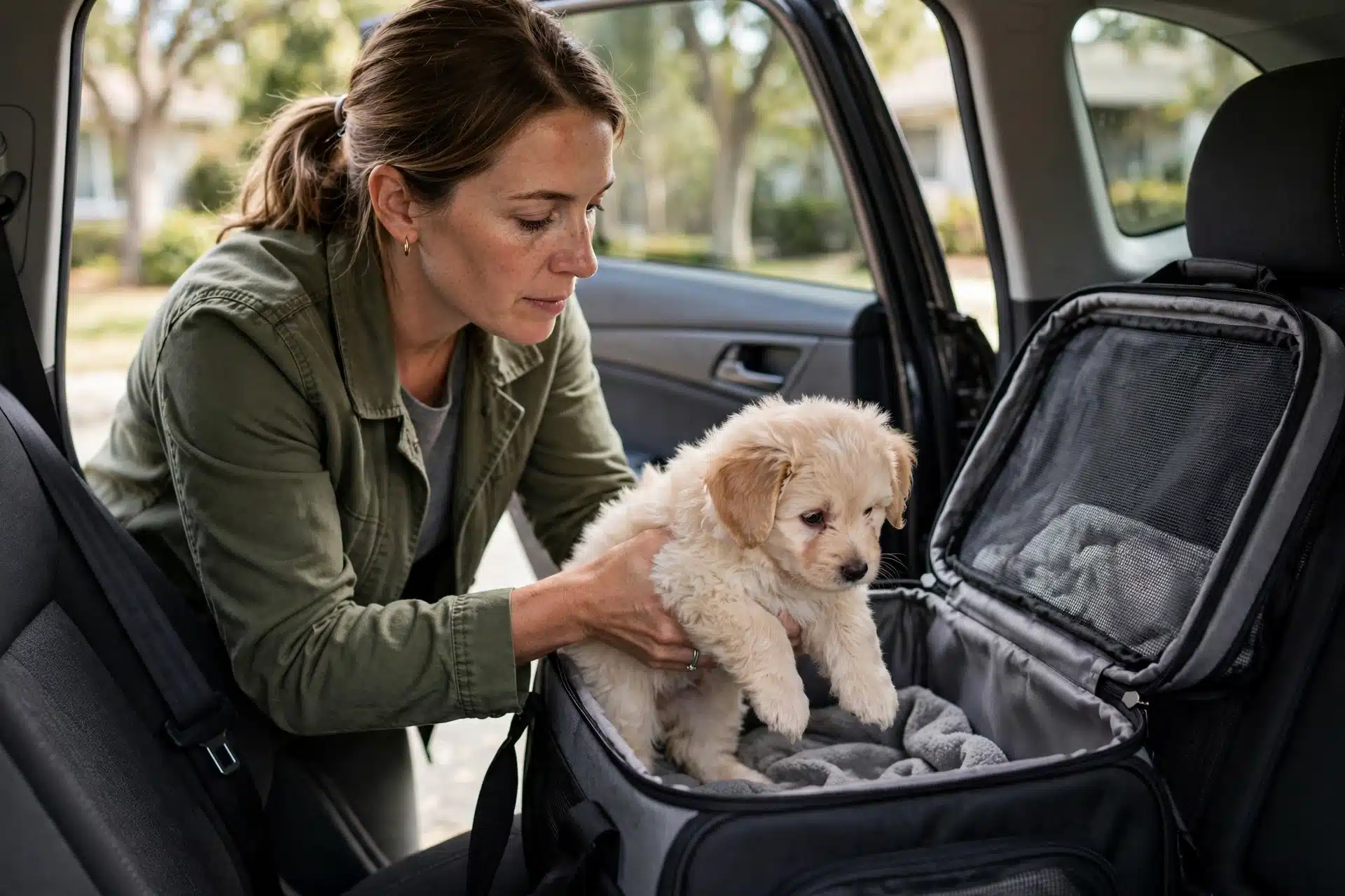 Breeder loading puppy into travel carrier