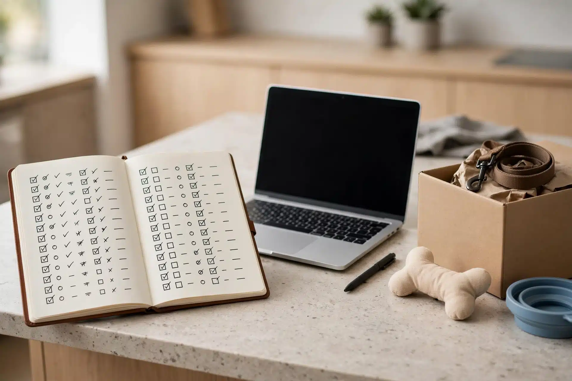 Notebook with handwritten puppy checklist beside laptop