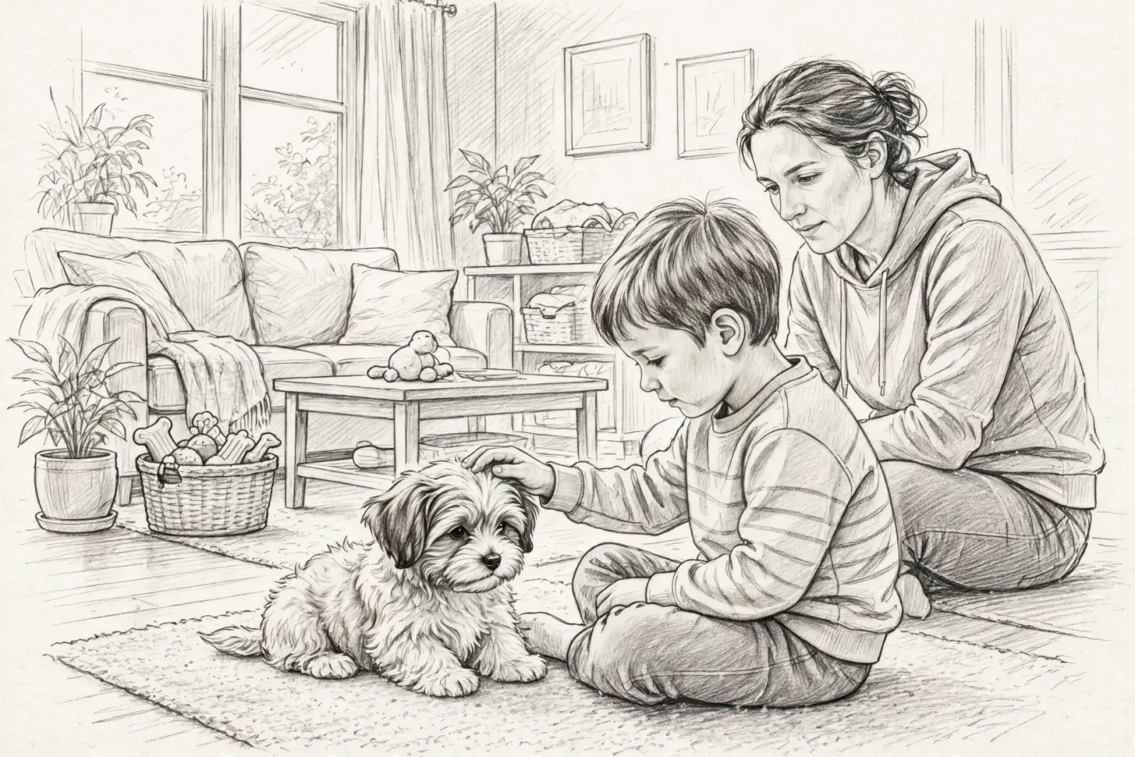A young boy gently pets a small, fluffy puppy on a rug in a living room, while his mother watches affectionately. This scene highlights the joy of small puppies.