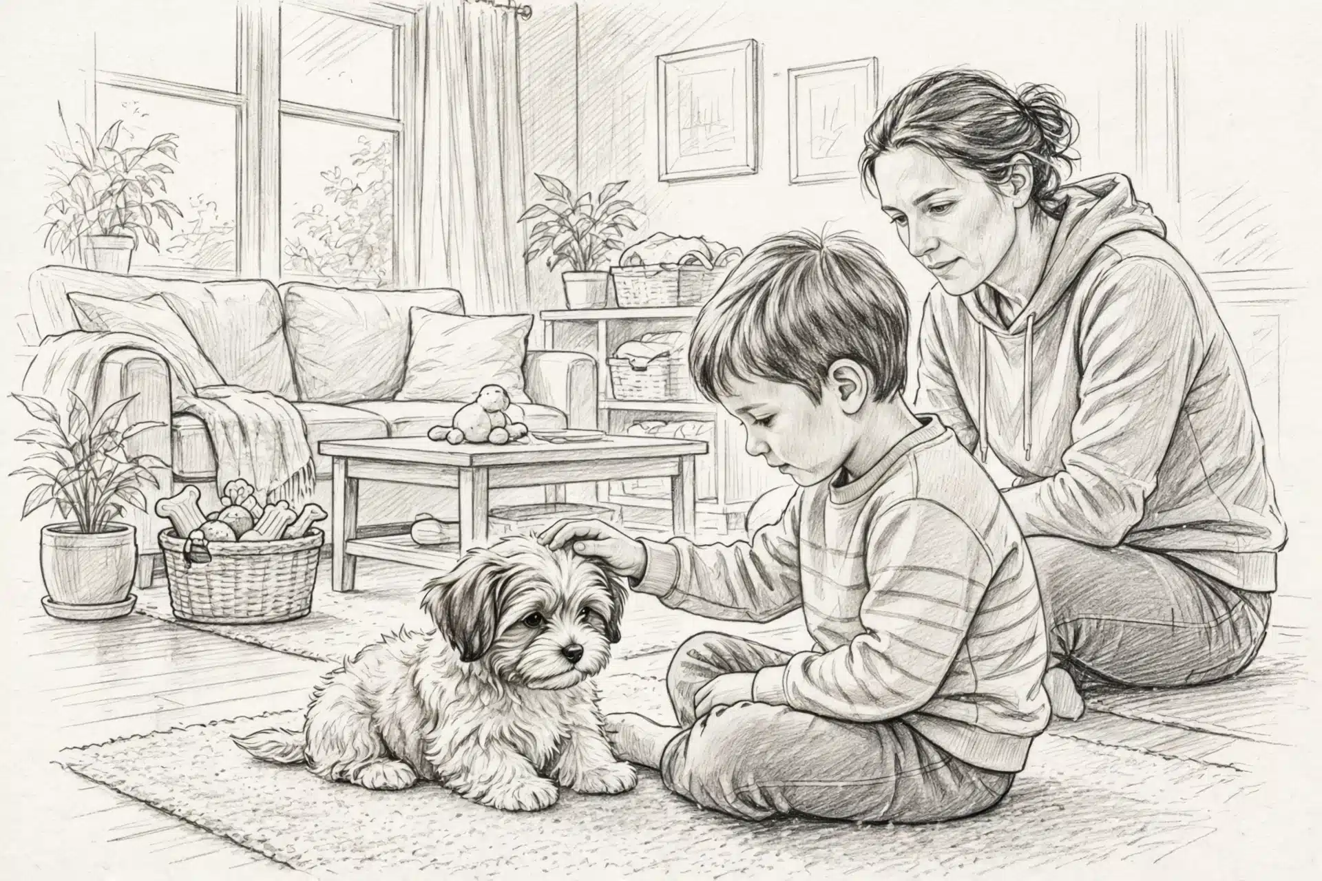 Child gently petting supervised Havanese puppy