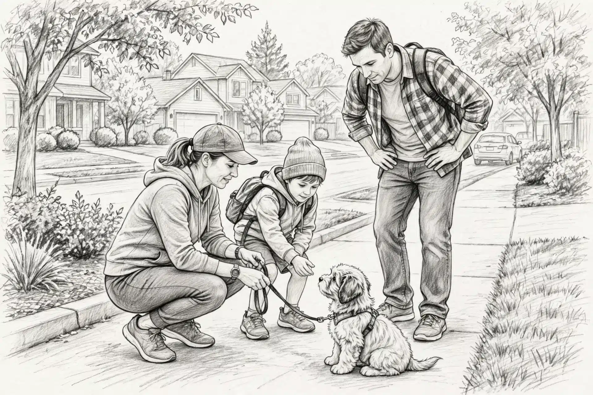 Family leash training small puppy on suburban sidewalk