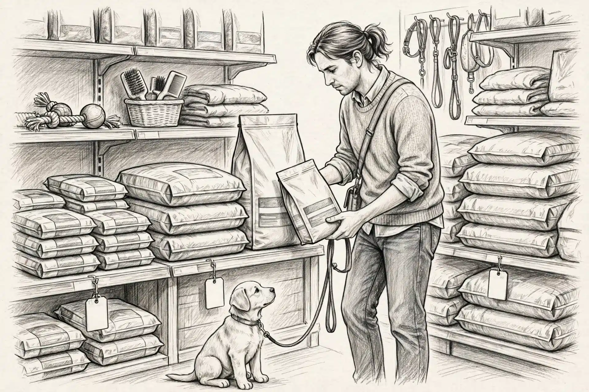 Pet owner comparing dog food bag prices