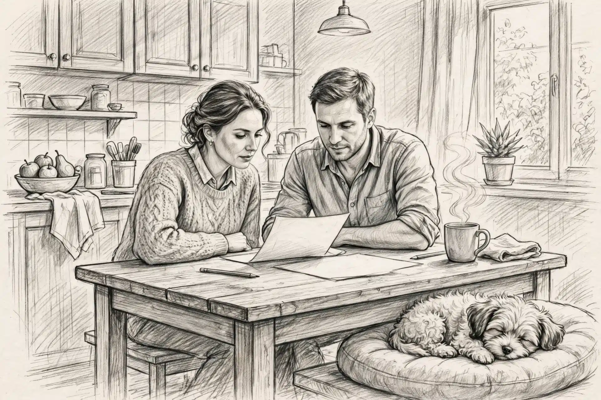 Couple reviewing checklist with resting Havanese puppy