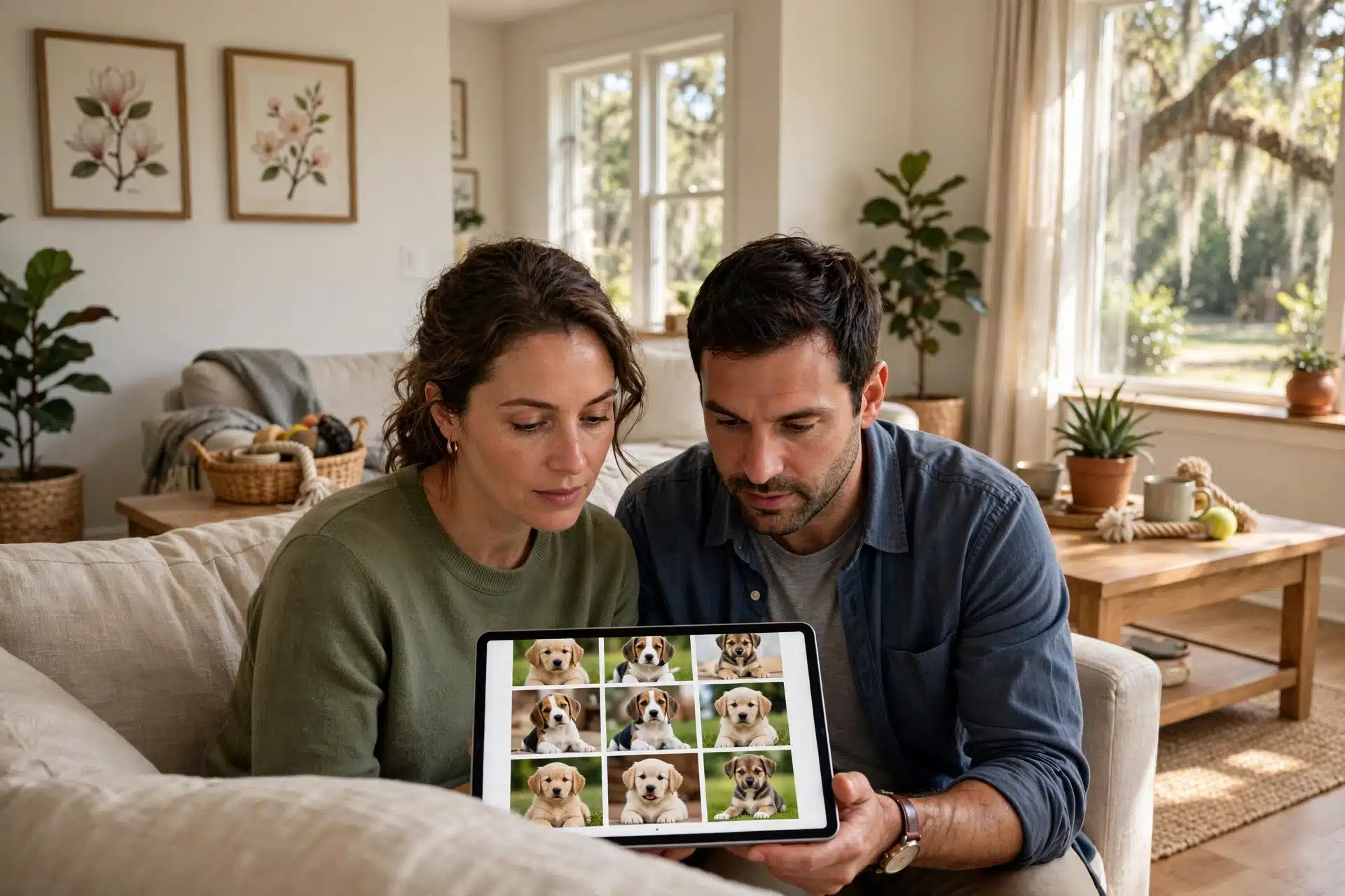 Sunlit couple reviewing puppy listings on tablet