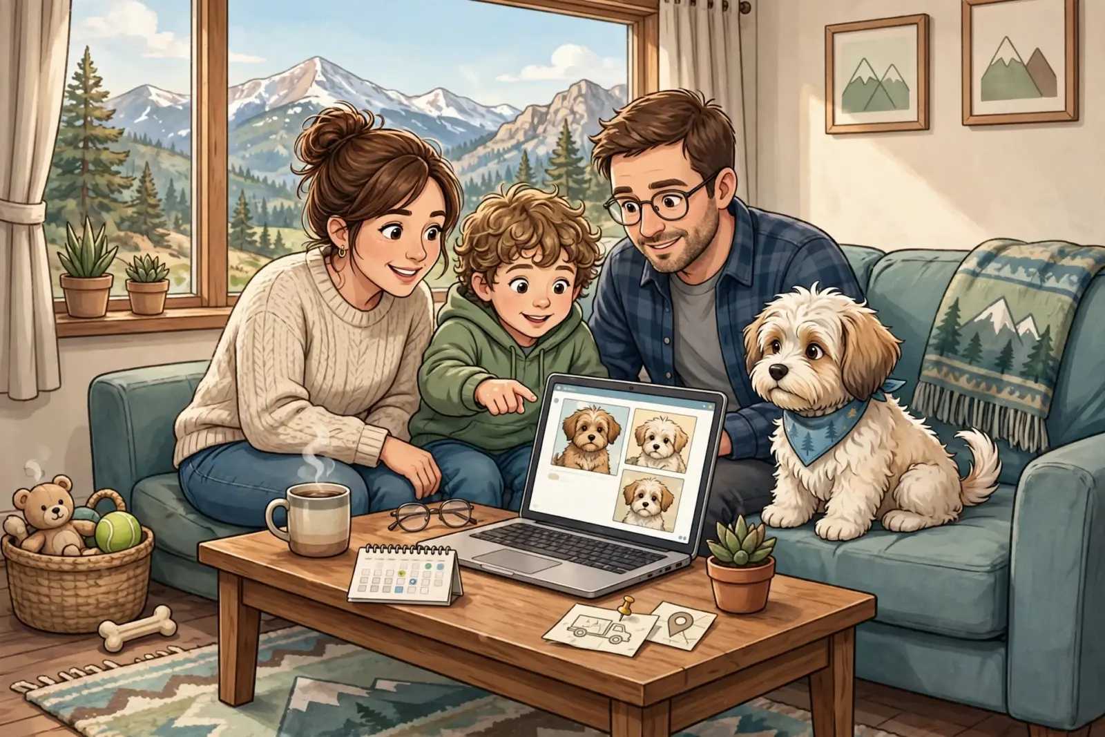 A family in Colorado checks puppy availability online, looking at adorable puppies on a laptop screen in a cozy living room with a mountain view.