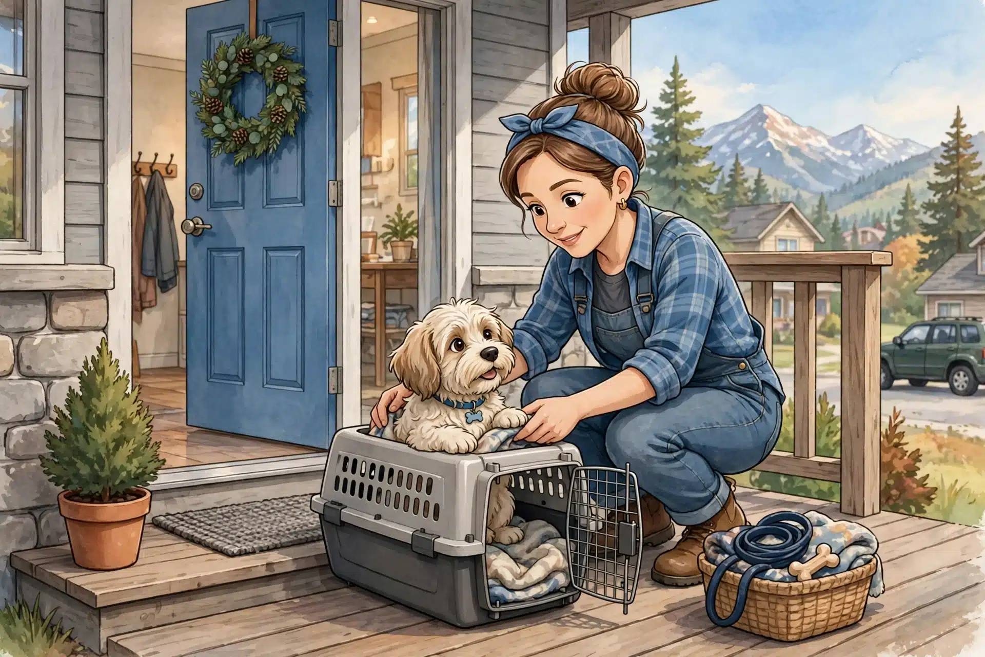 Breeder securing a Havanese puppy in a travel crate