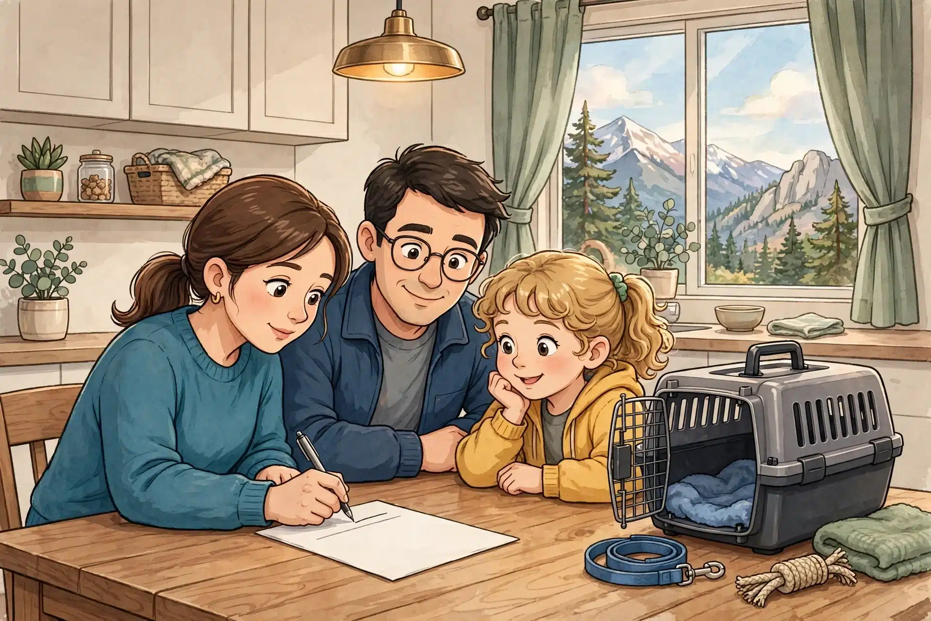 Family signing puppy delivery plan at table