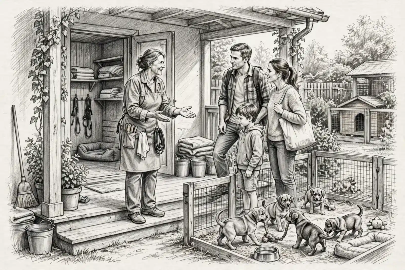 Pencil-style illustration of an adult in an apron speaking with two adults and a child beside puppies in an outdoor pen