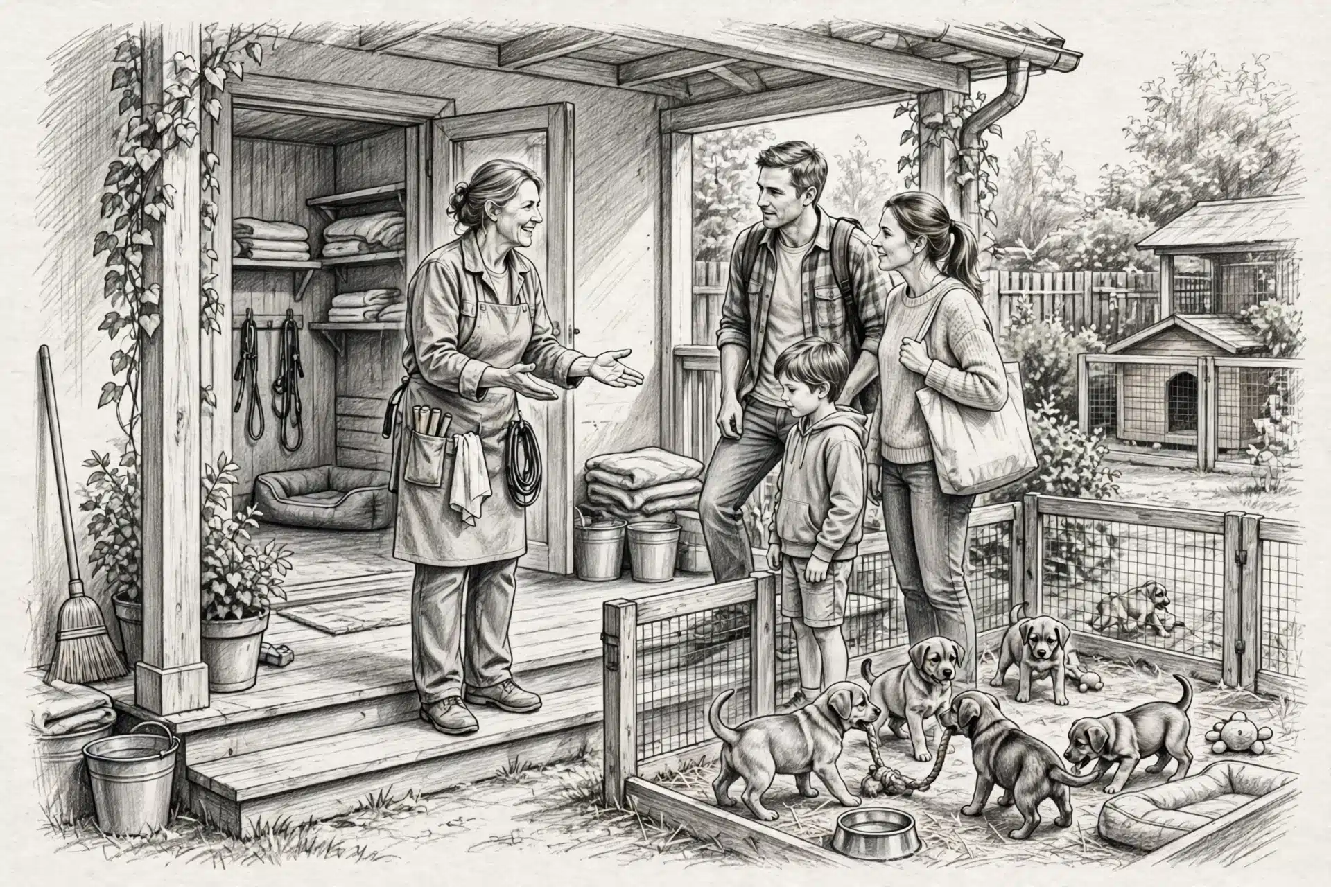 Breeder greeting family as puppies play nearby
