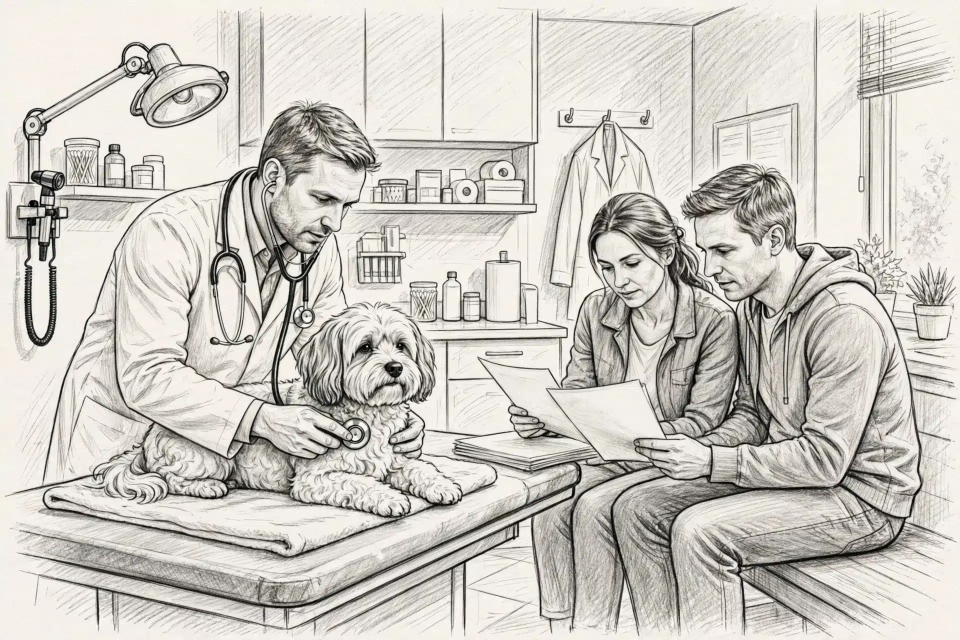 Veterinarian examining Havanese while family reviews paperwork