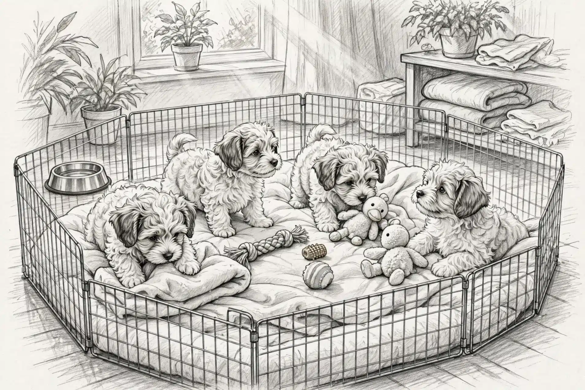 Pencil sketch of Havanese puppies in sunlit playpen