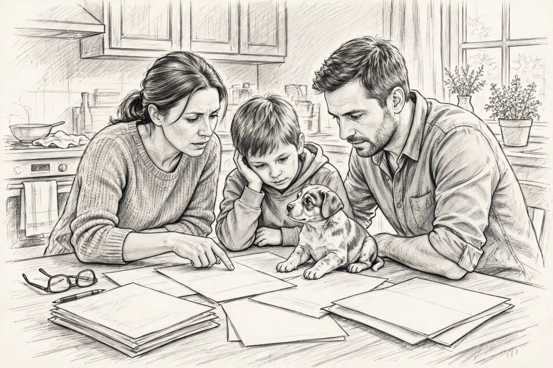 Family reviewing puppy paperwork at table