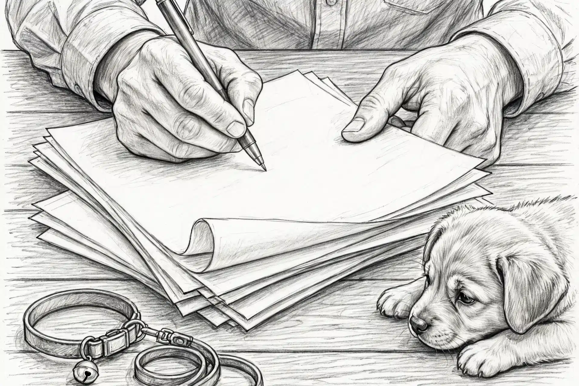 Close-up of hands signing a puppy contract