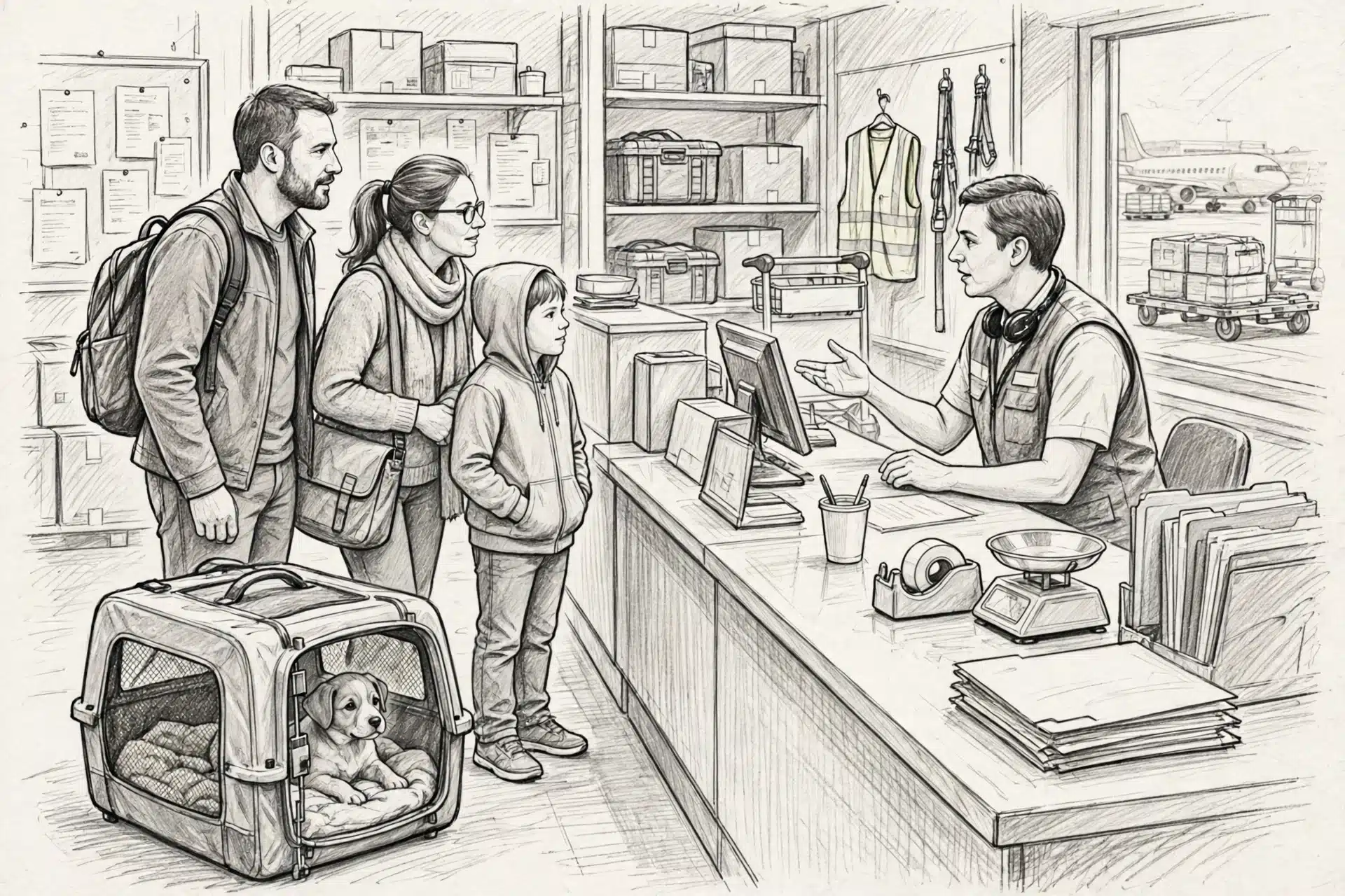 Family with travel crate at airport cargo desk