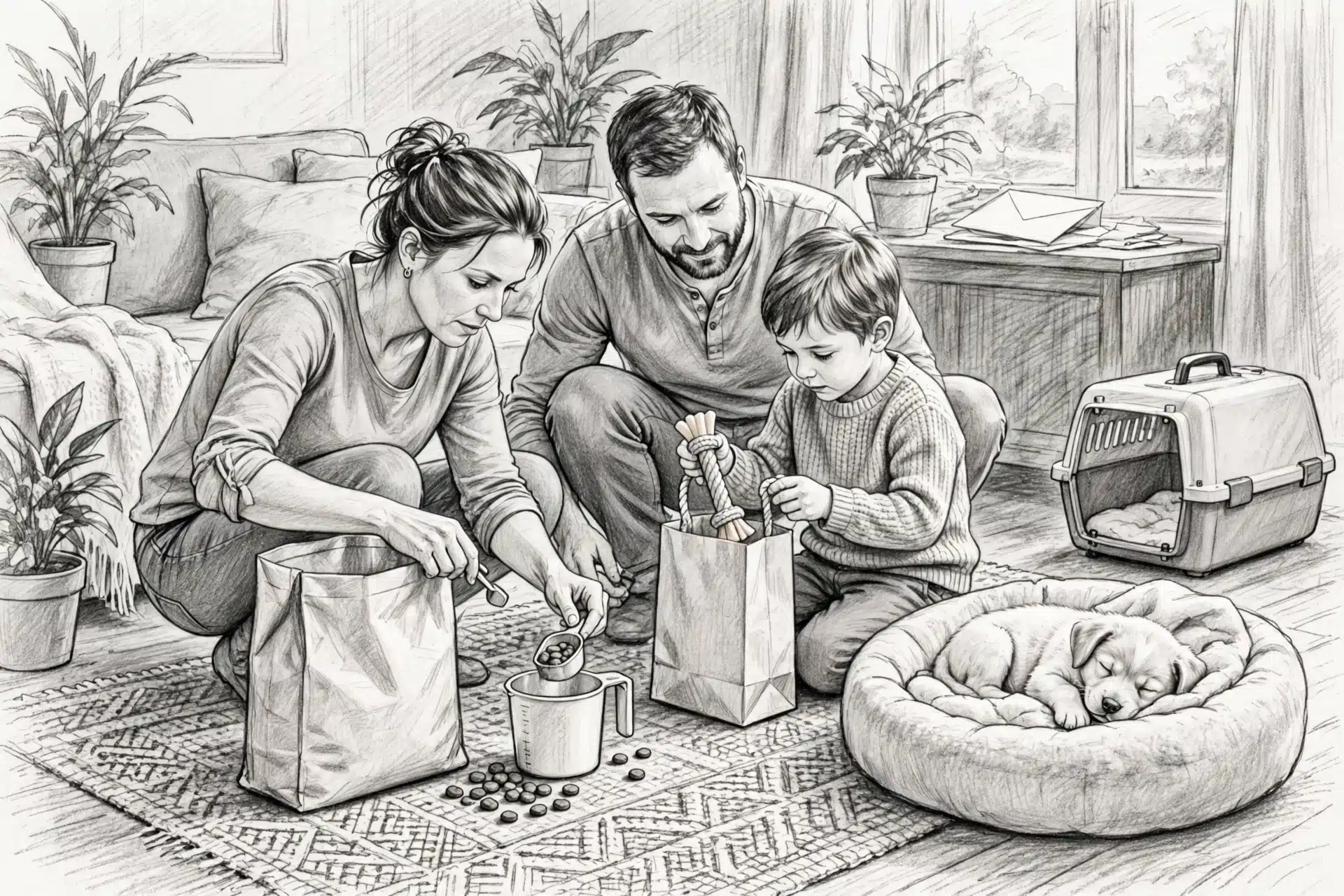 Family unpacking supplies while puppy rests in bed