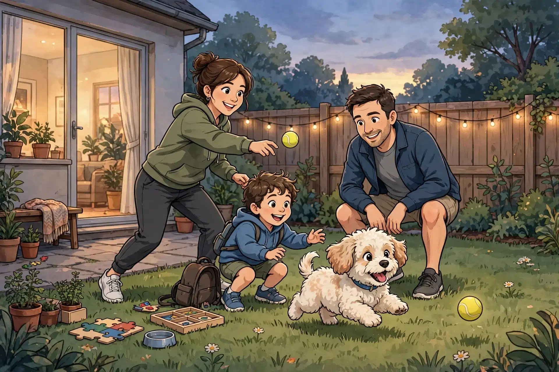 Family playing fetch with fluffy puppy at dusk