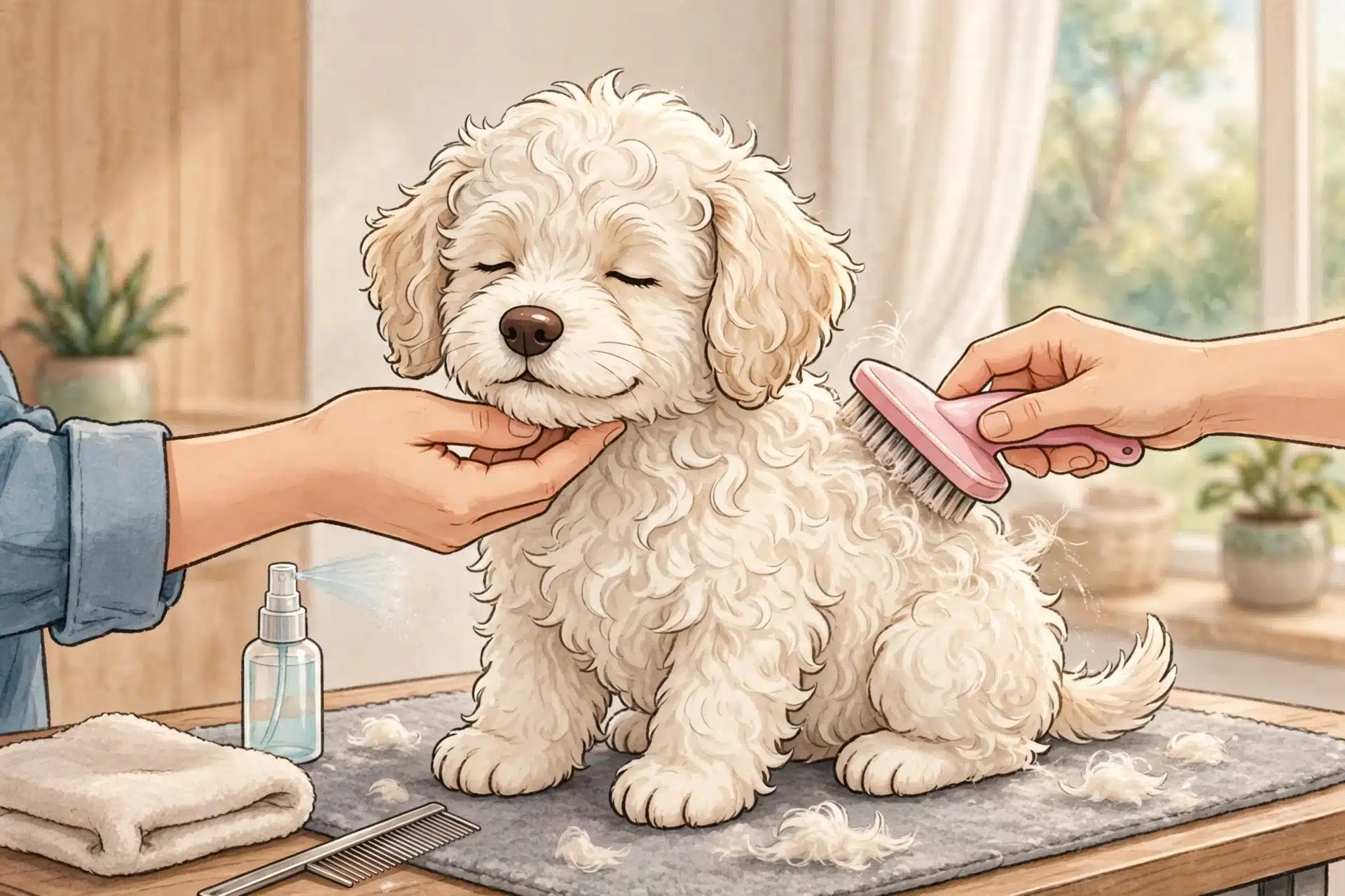 Close-up of brushing a fluffy puppy on a grooming table