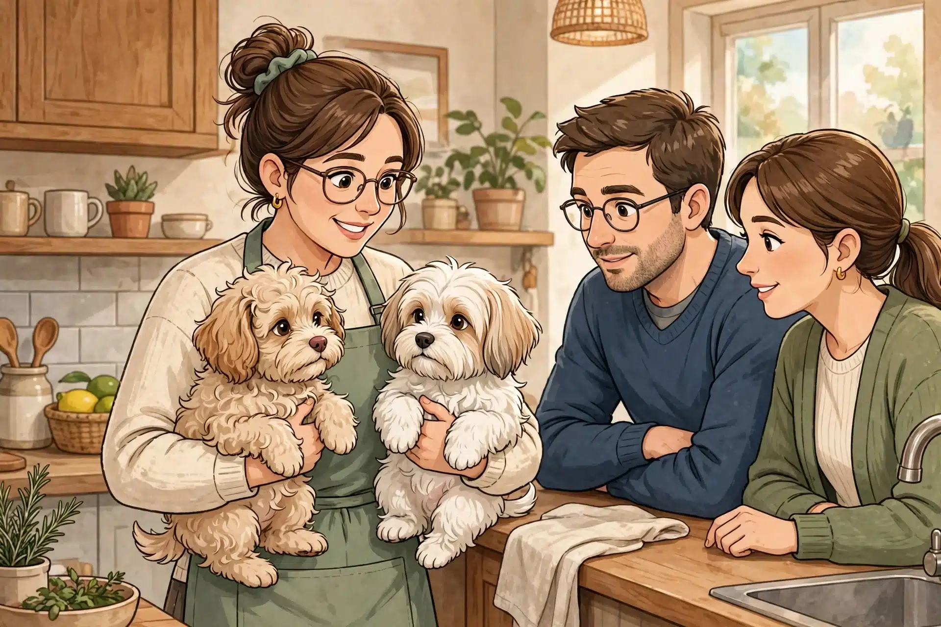 Breeder comparing two fluffy puppies for family