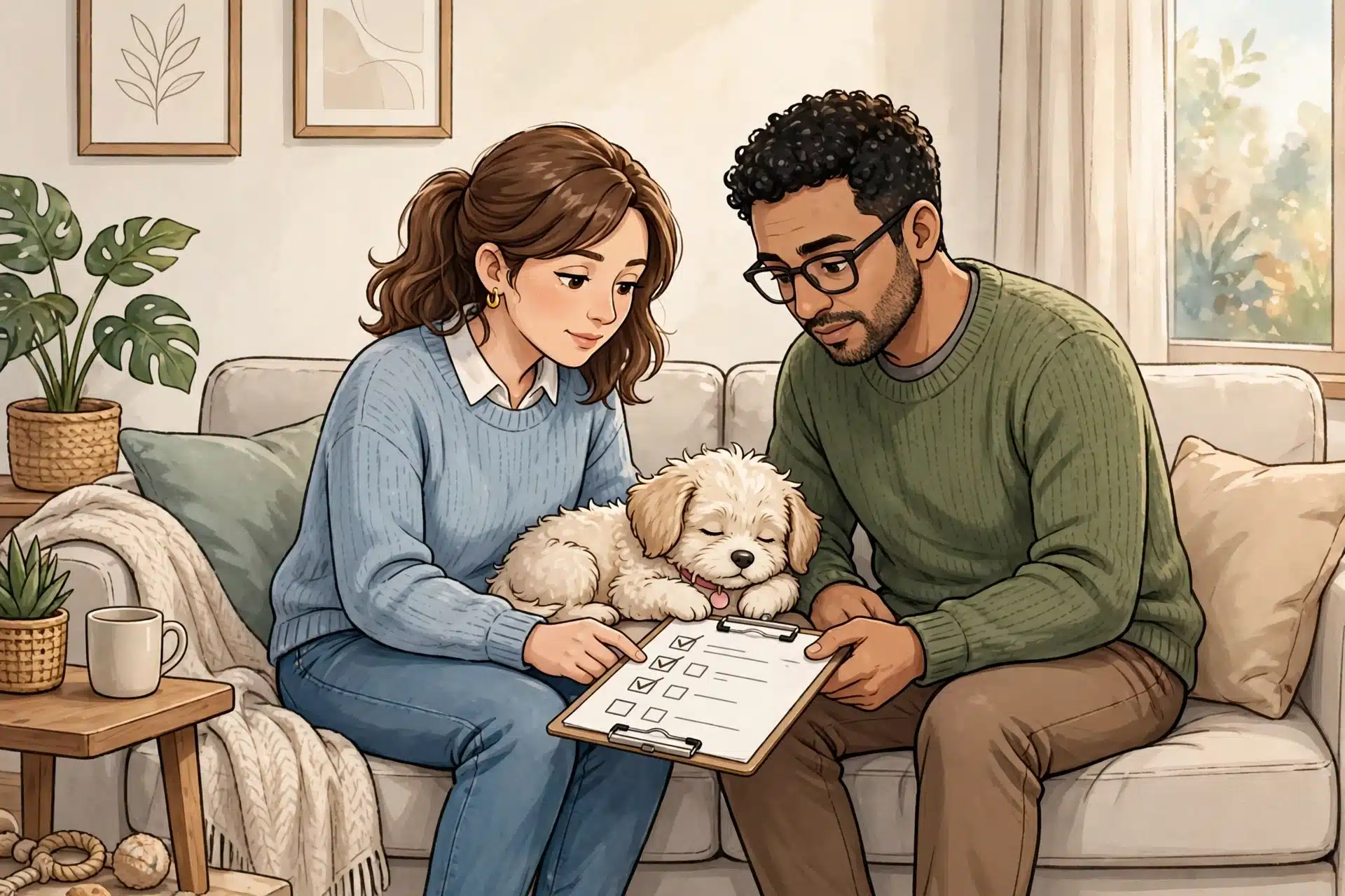 Couple reviewing puppy checklist with fluffy dog