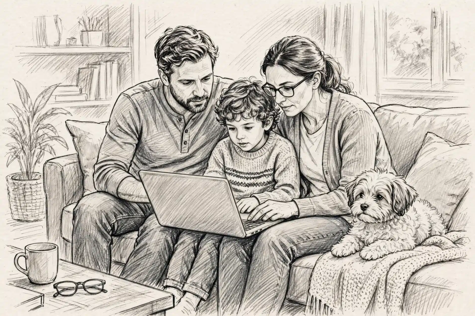 Family reviewing breeder reviews with puppy