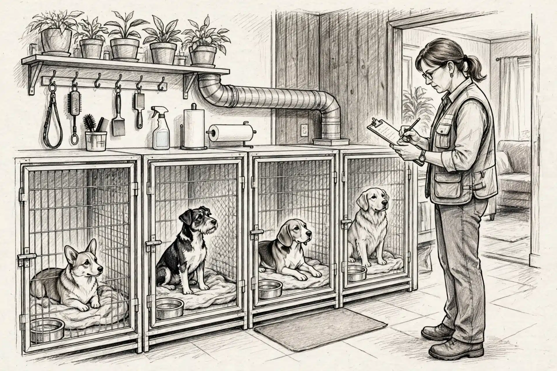 Inspector reviewing checklist beside clean kennels