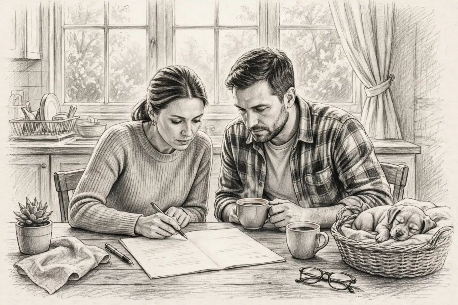 Couple reviewing puppy agreement at kitchen table
