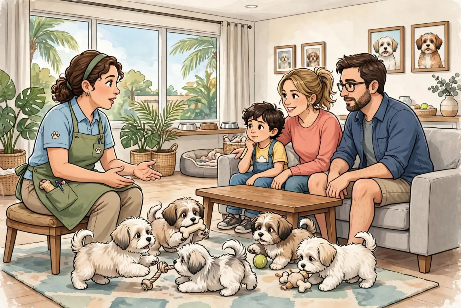 A family with a young boy visits a Florida puppy breeder, asking questions while adorable Maltese puppies play on the floor in a sunlit room with palm trees visible through the window.
