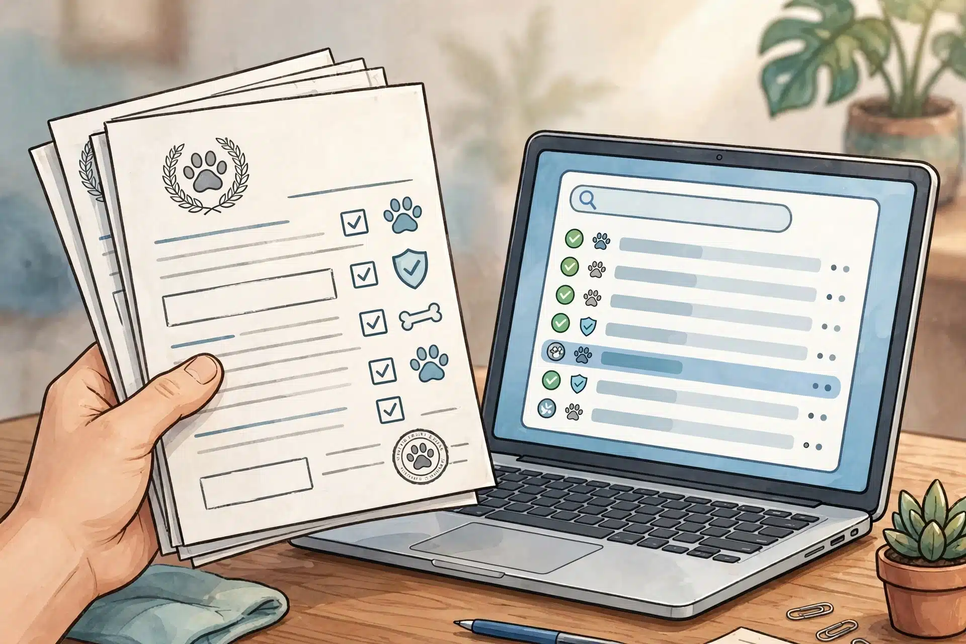 A hand holding printed health certificates beside a laptop database search