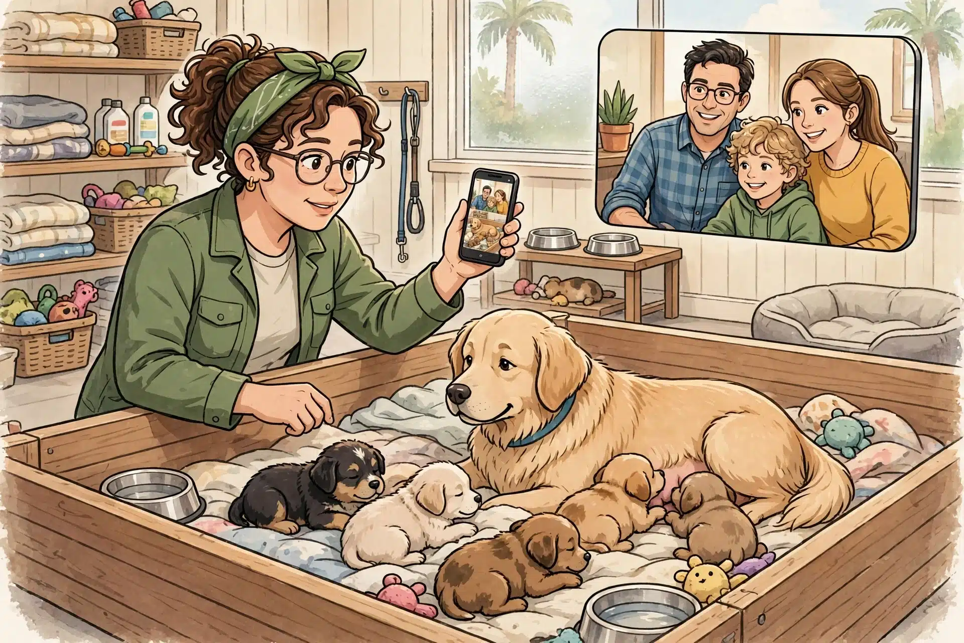 Breeder video-calling while showing puppies