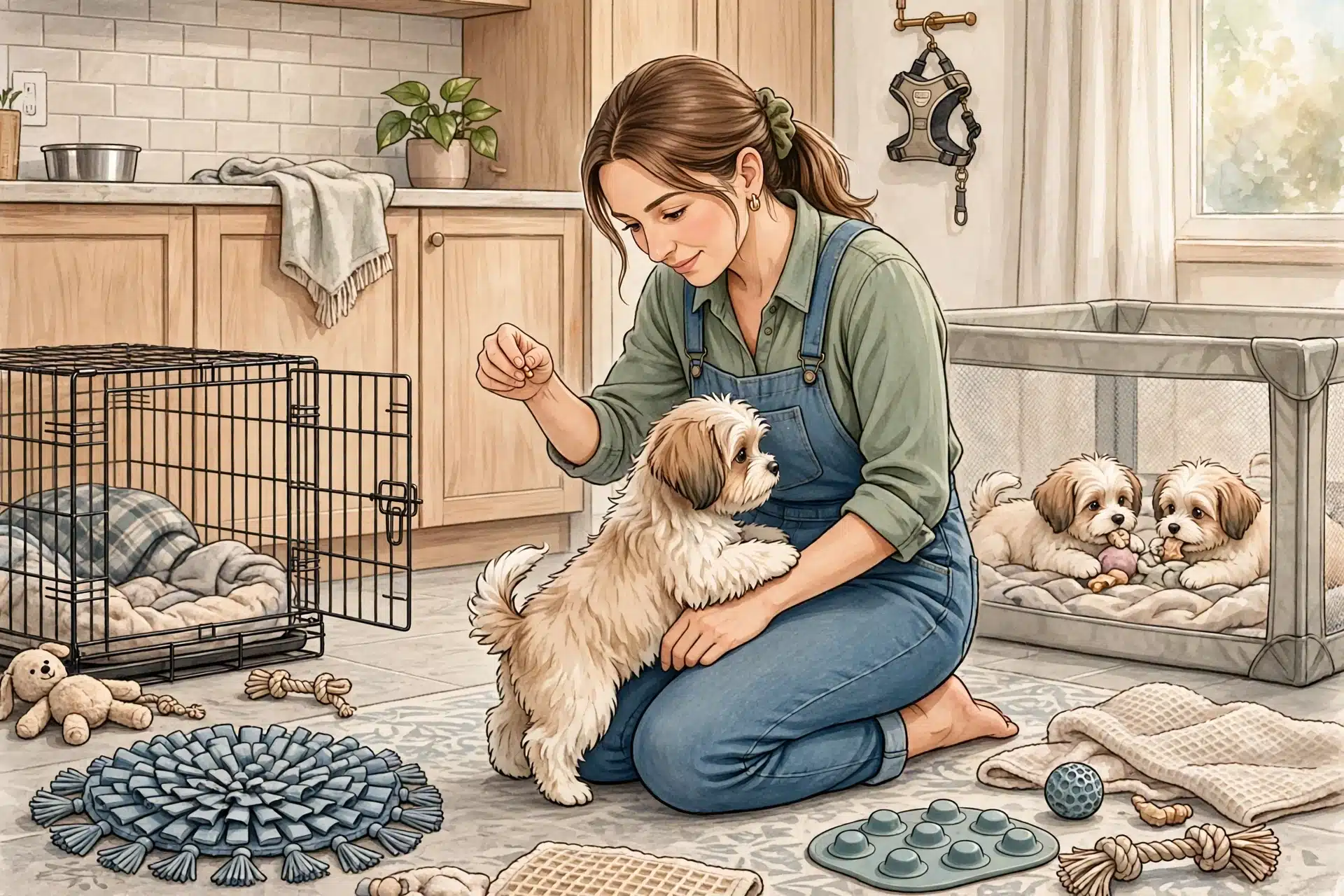 Breeder offering treat to curious puppy