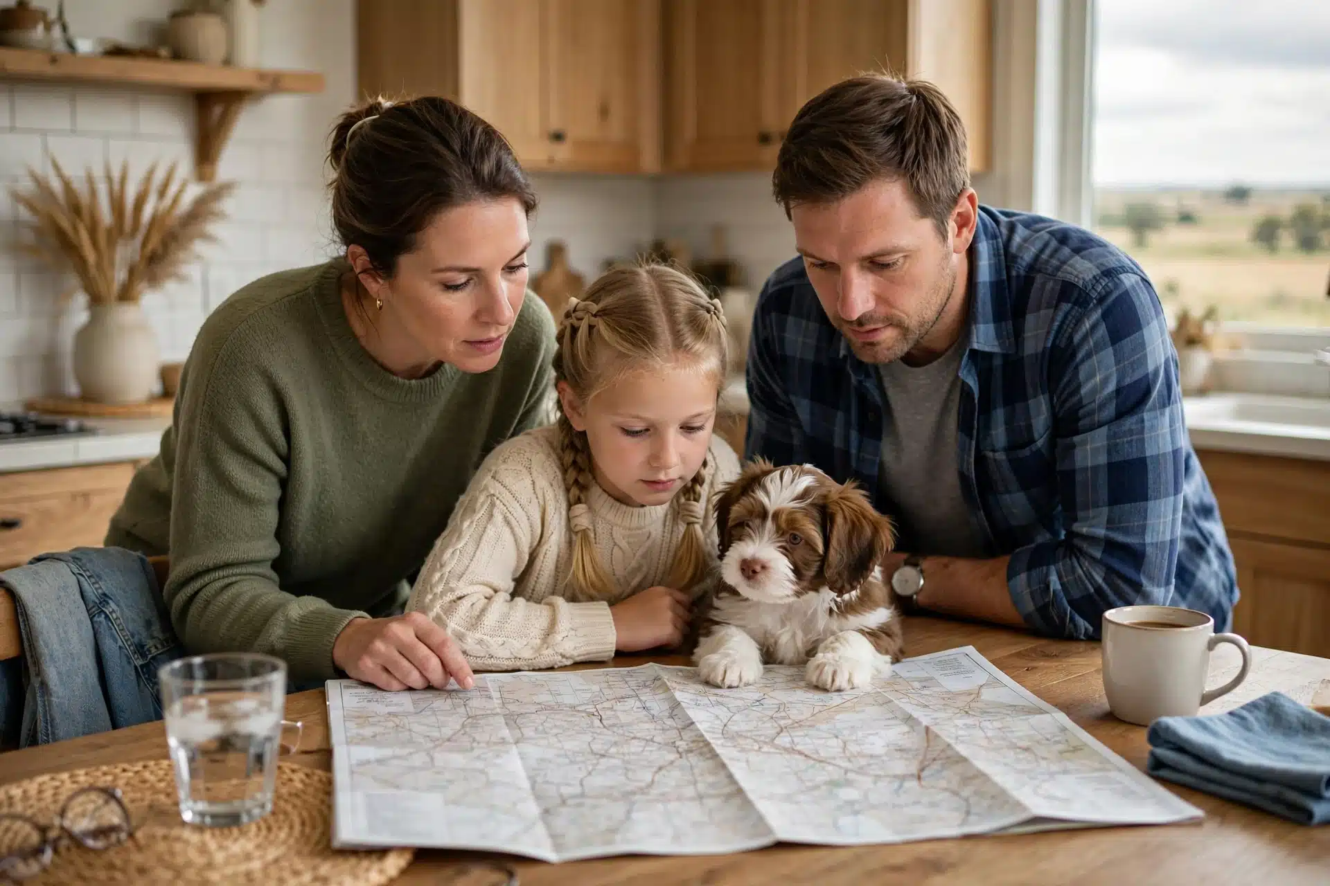 Kansas family examining map with Havanese puppy