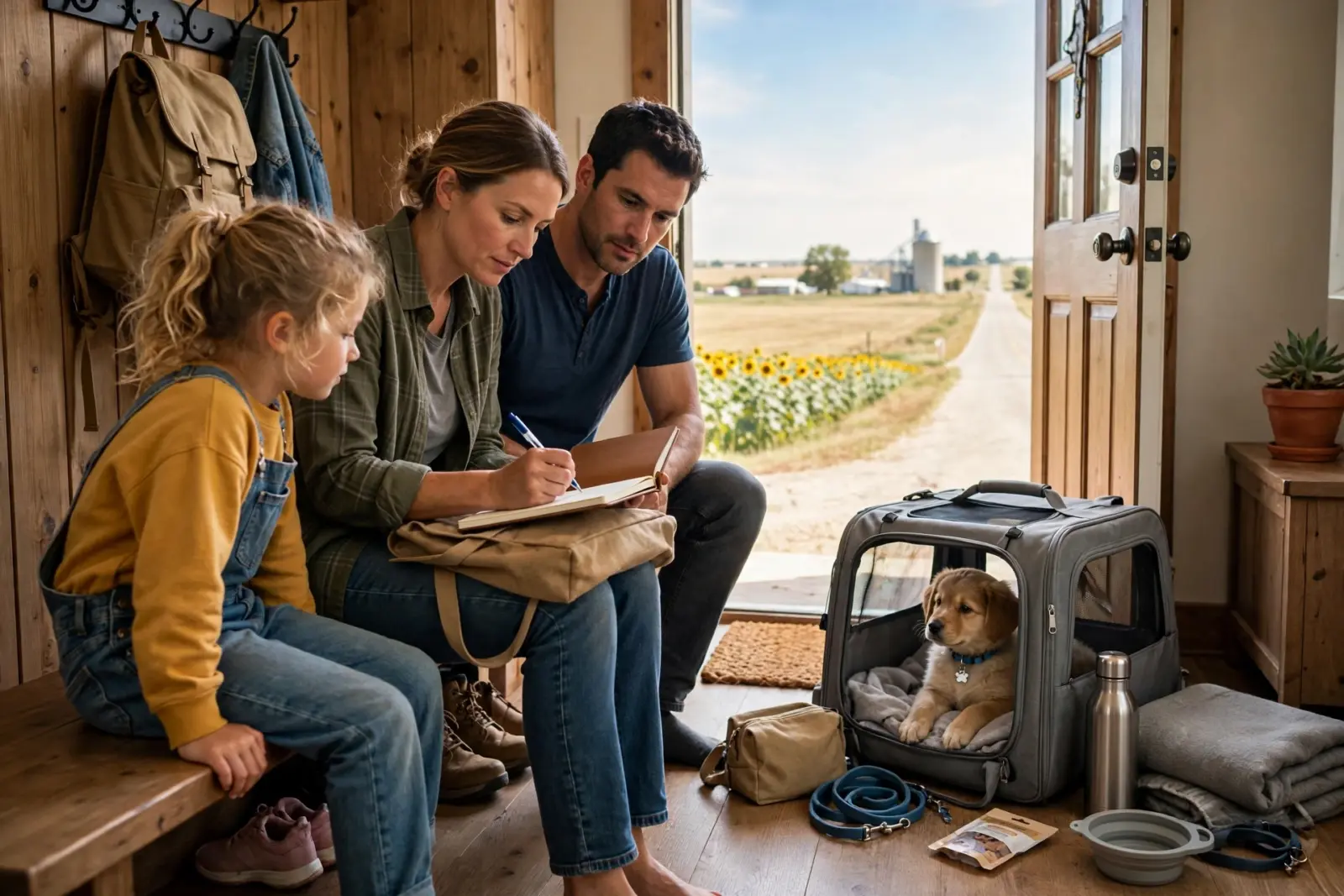 Family with a golden retriever puppy in a travel carrier, planning a trip from Kansas, with sunflowers and a rural landscape in the background.