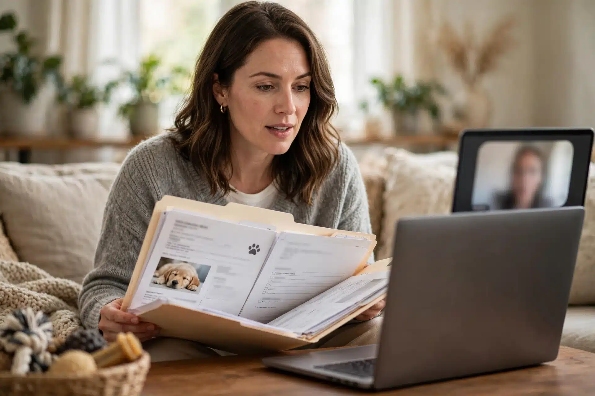 Woman reviewing puppy records on video call