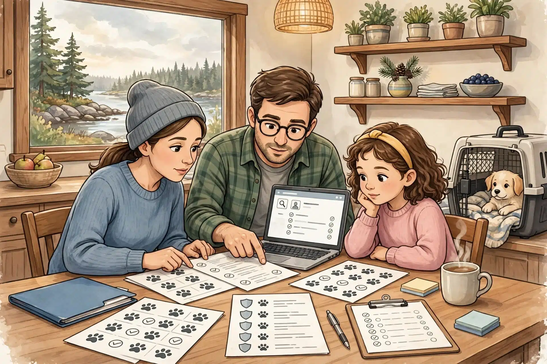 Family reviewing puppy health records at kitchen table