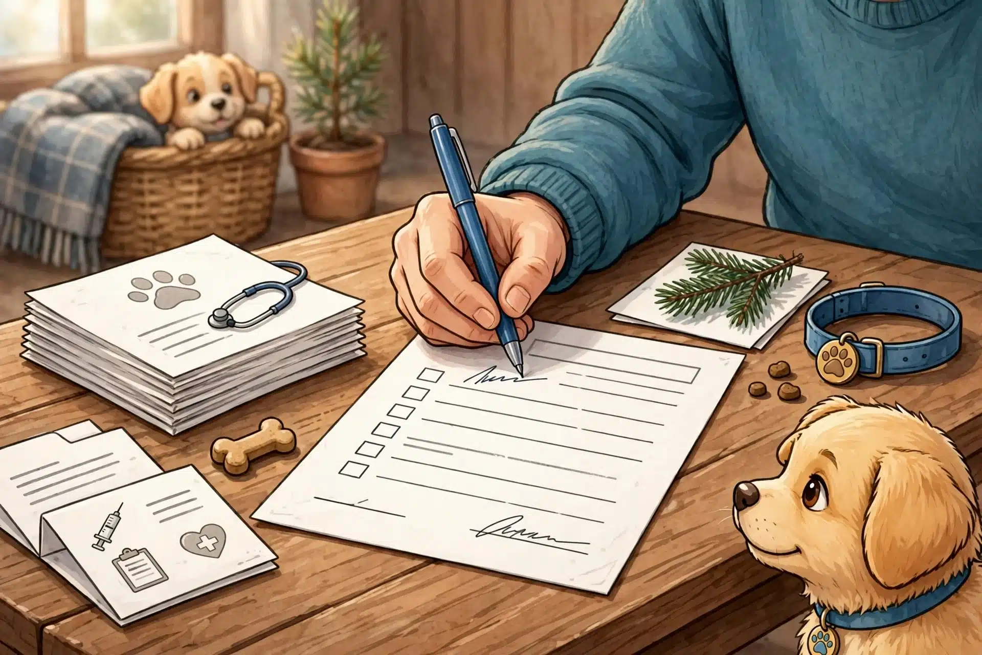 Signing puppy contract with health papers nearby