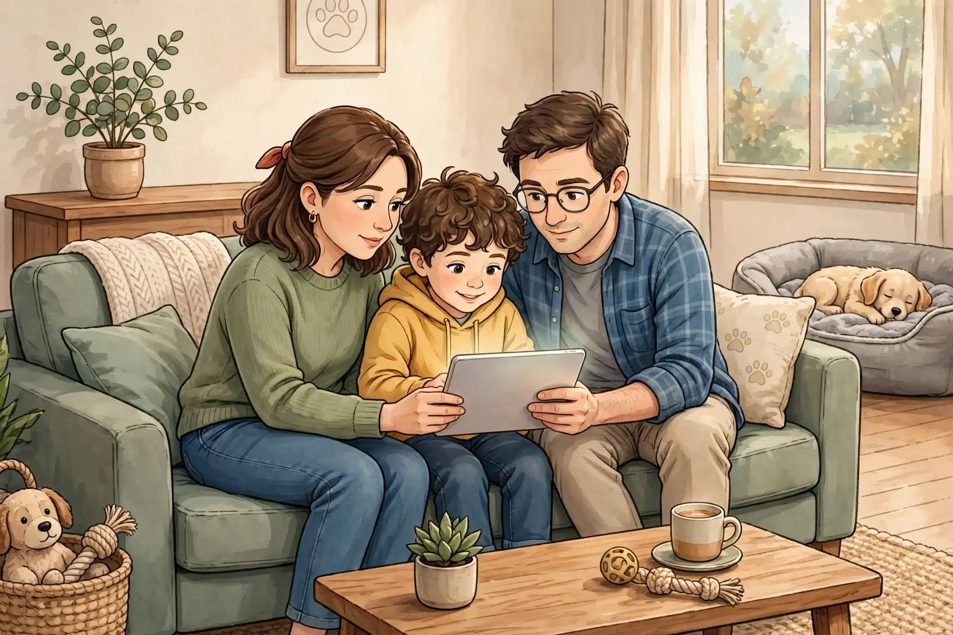 Family reviewing breeder reviews on tablet