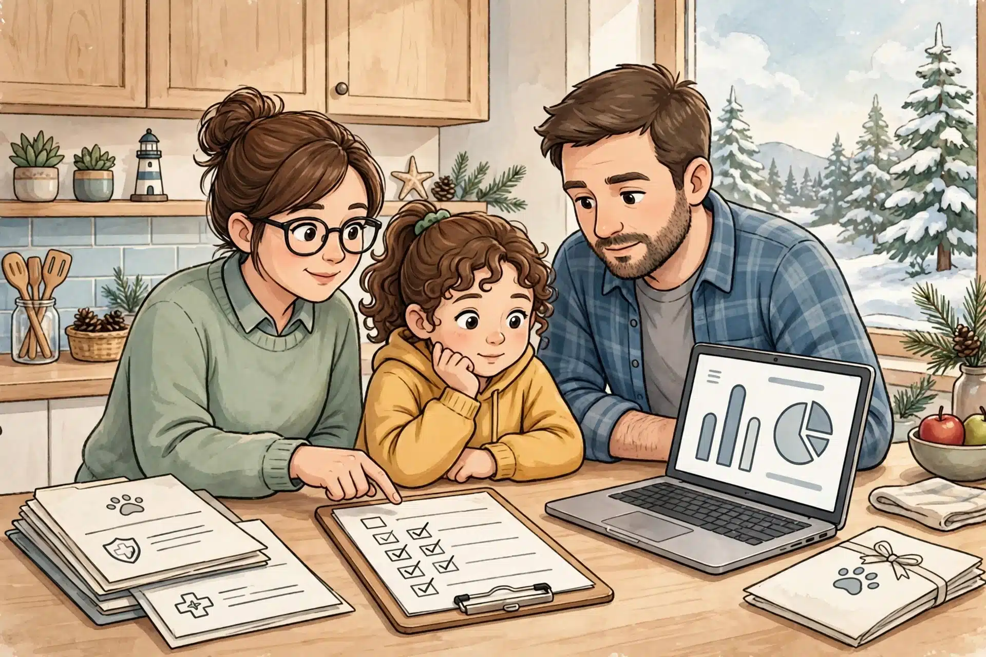 Maine family comparing breeder documents at kitchen counter
