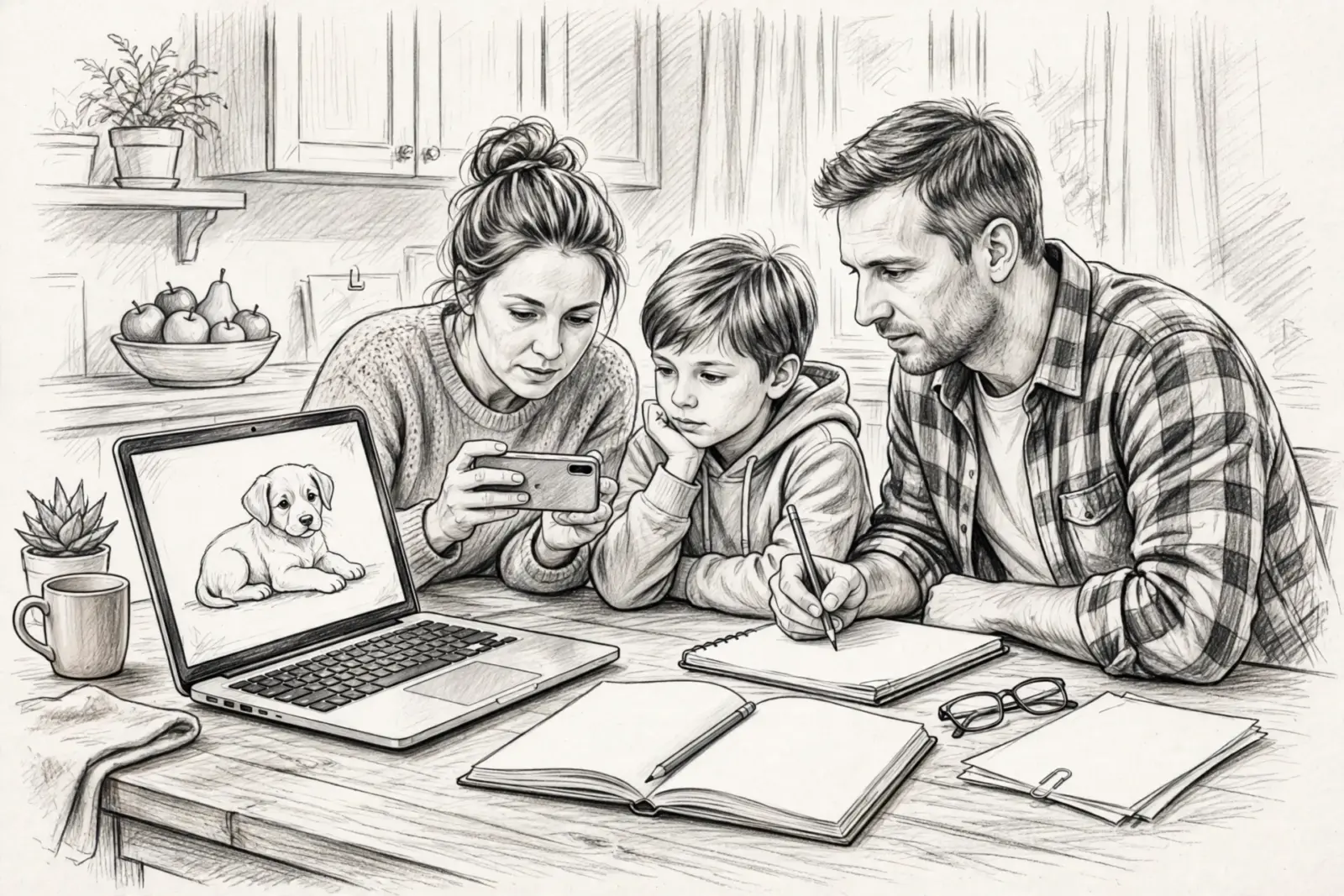 Family looking at a laptop showing a puppy, learning how to verify Illinois puppy listings before contacting breeders.