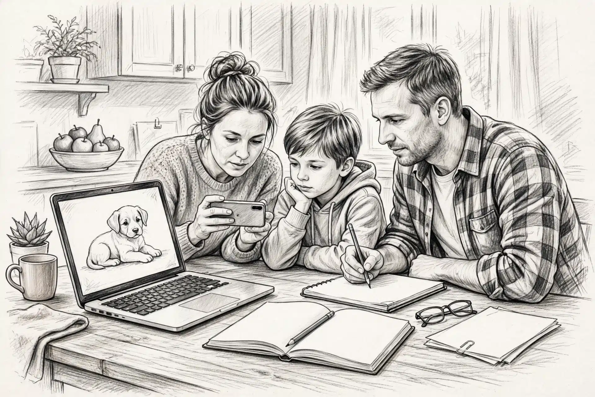 Family noting puppy listing details at kitchen table