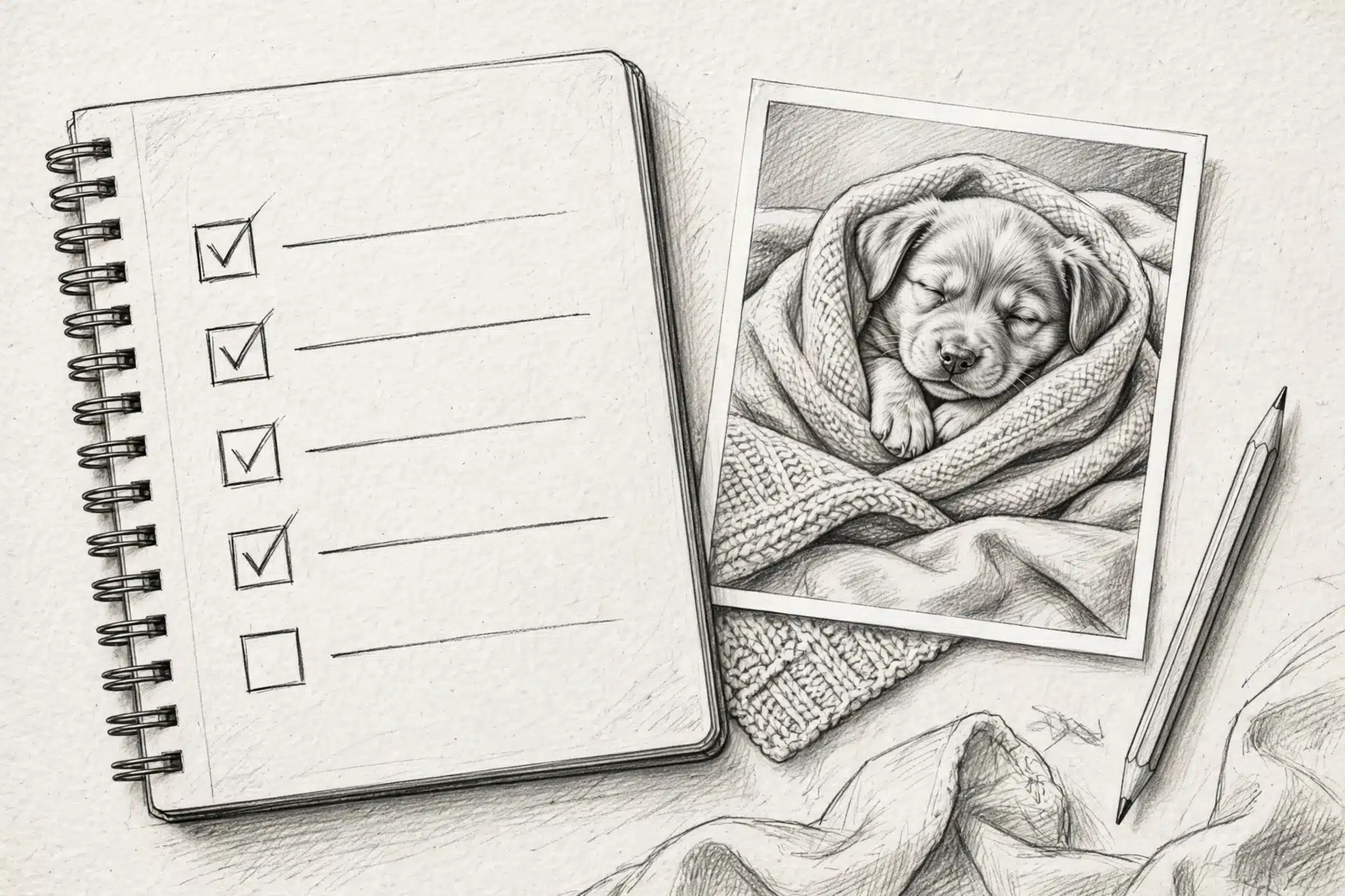Pencil sketch of puppy checklist notebook