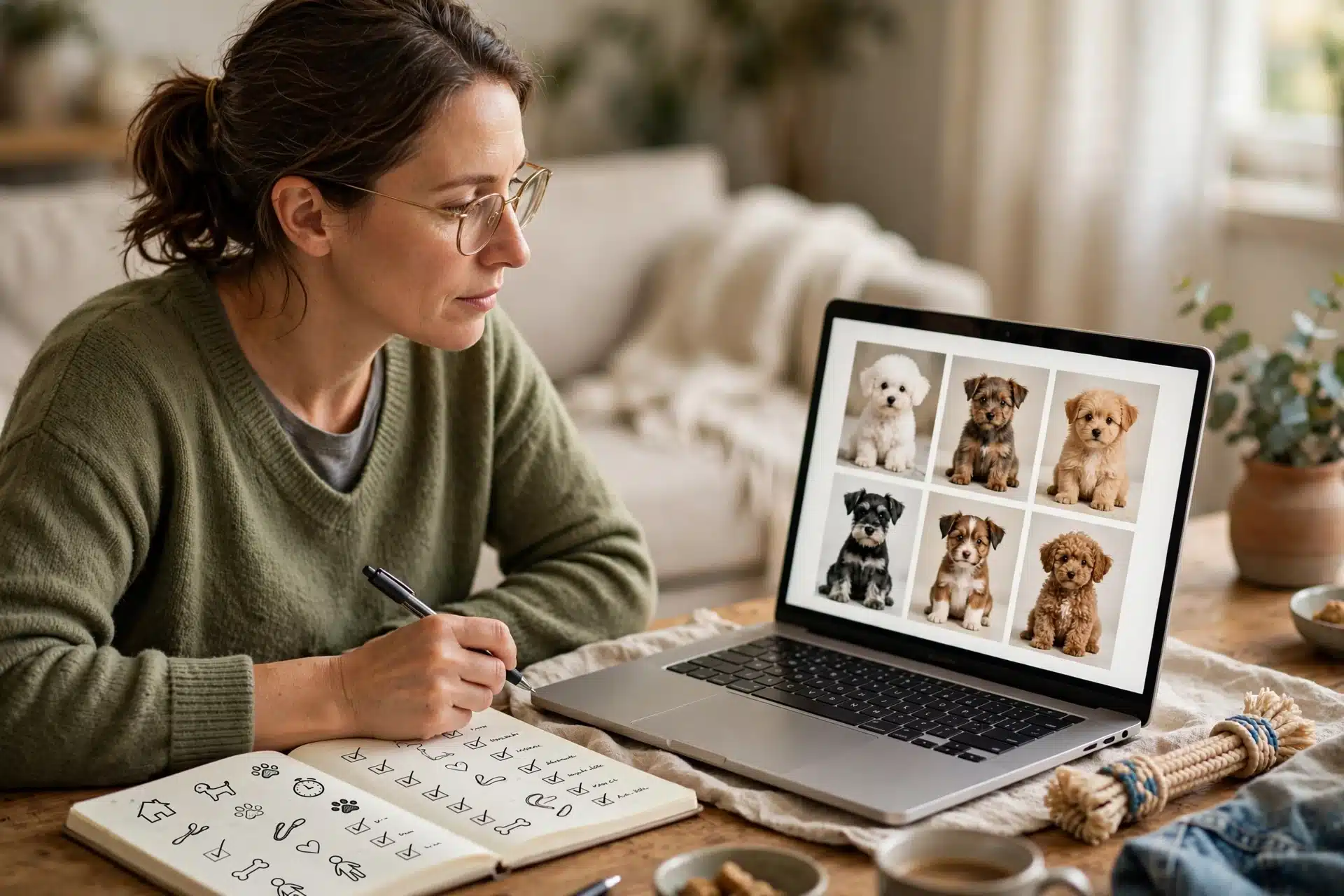 Parent comparing breed notes beside filtered puppy listings