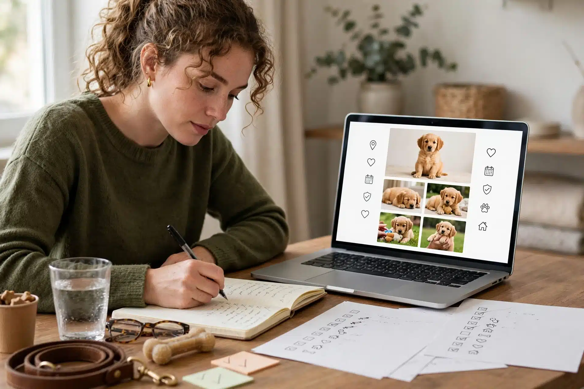 Person comparing puppy listing details on laptop