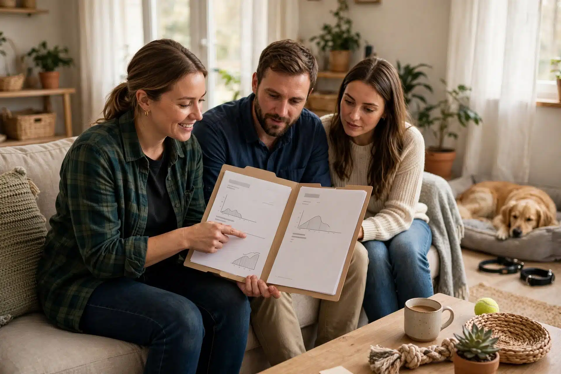 Breeder showing health test folder to family