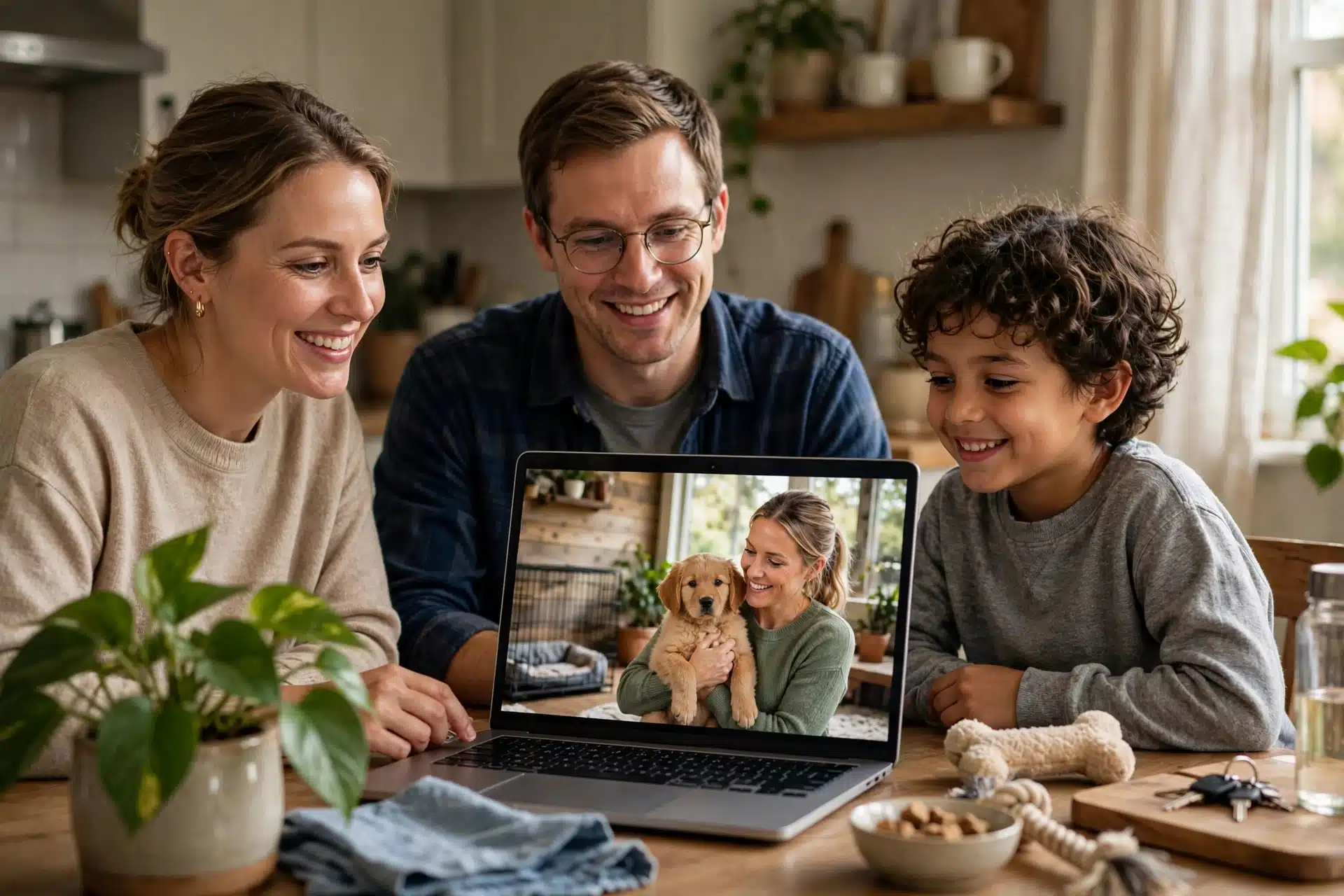 A family smiles at a breeder holding a puppy on a video call
