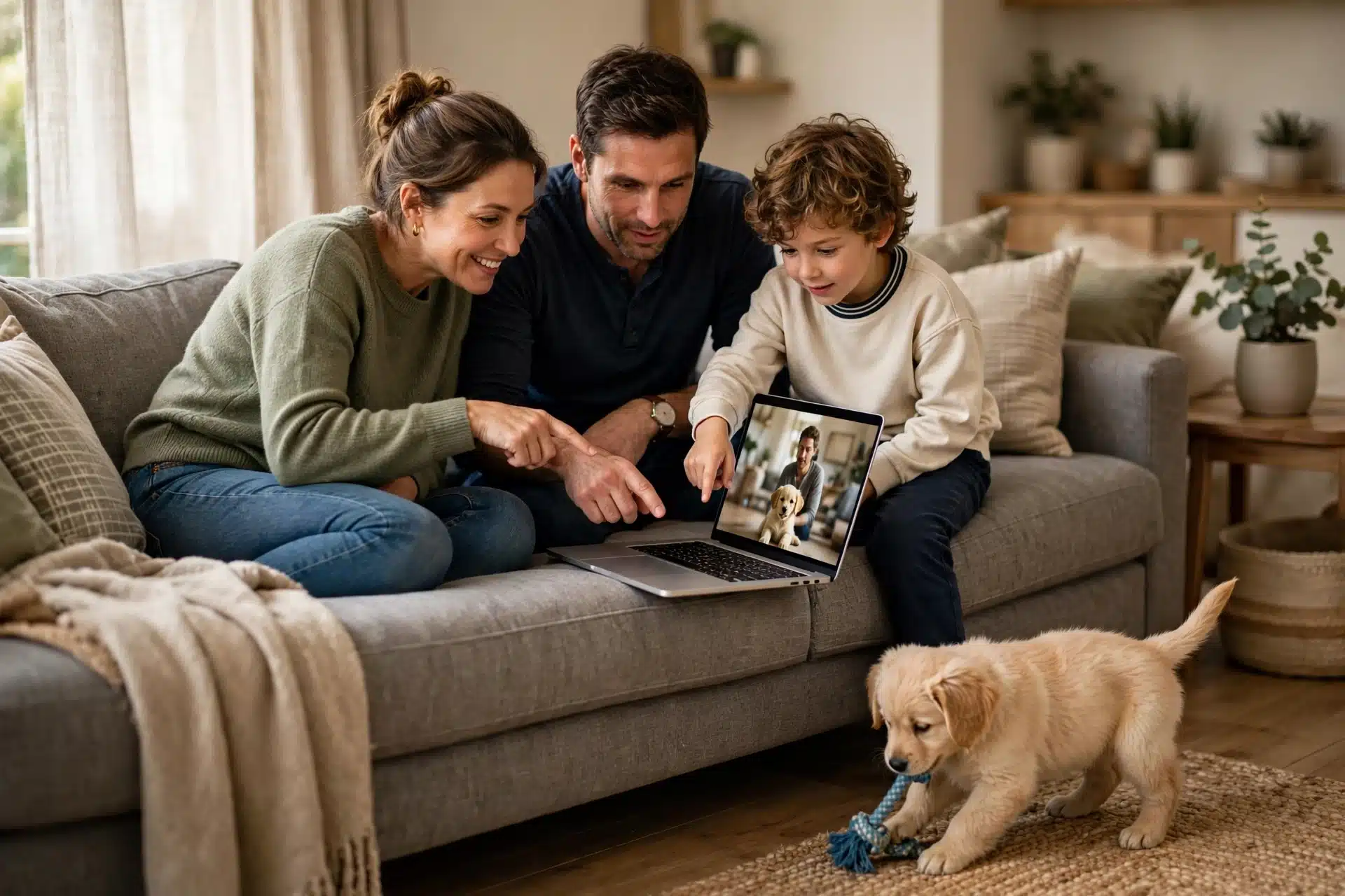 Family watching puppy on laptop screen