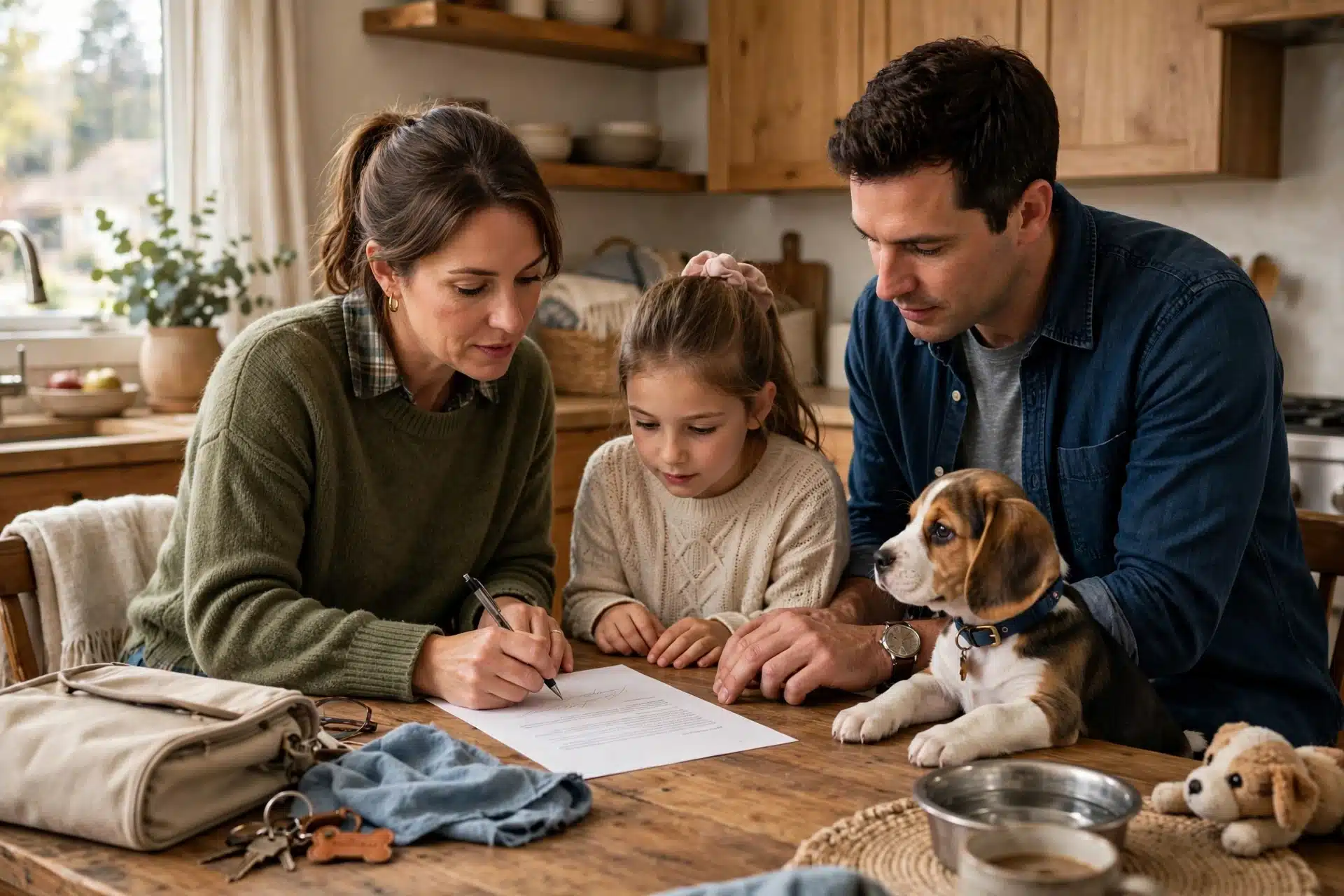 Family signing adoption papers with puppy nearby